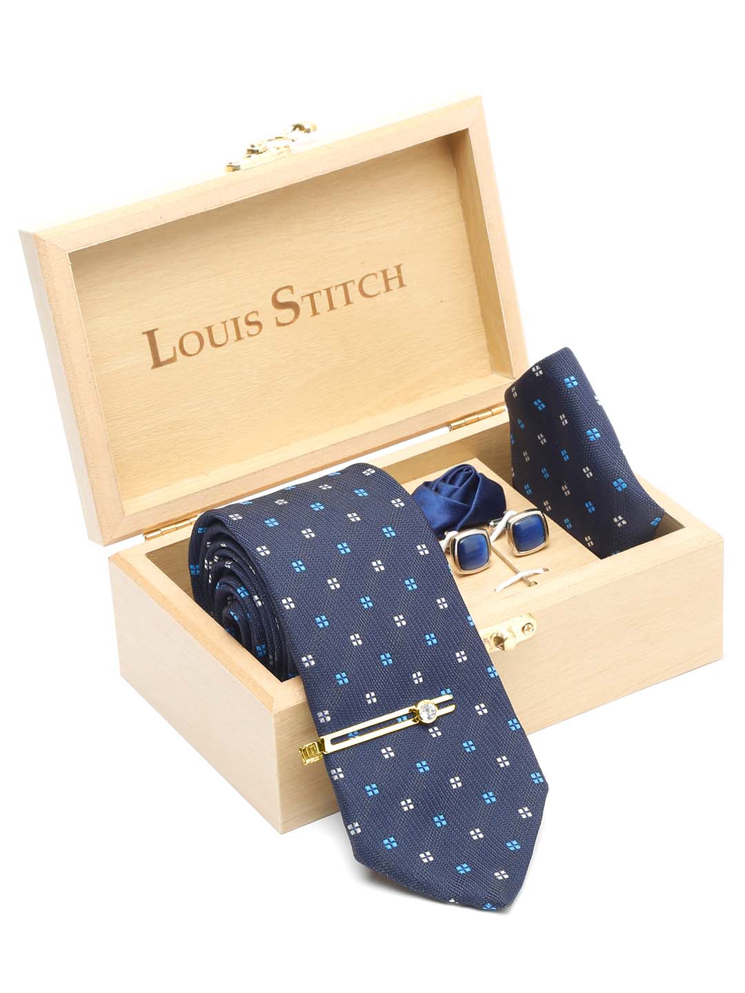 Floaral Printed Blue Luxury Italian Silk Necktie Set With Pocket Square Cufflinks Brooch Gold Tie pin