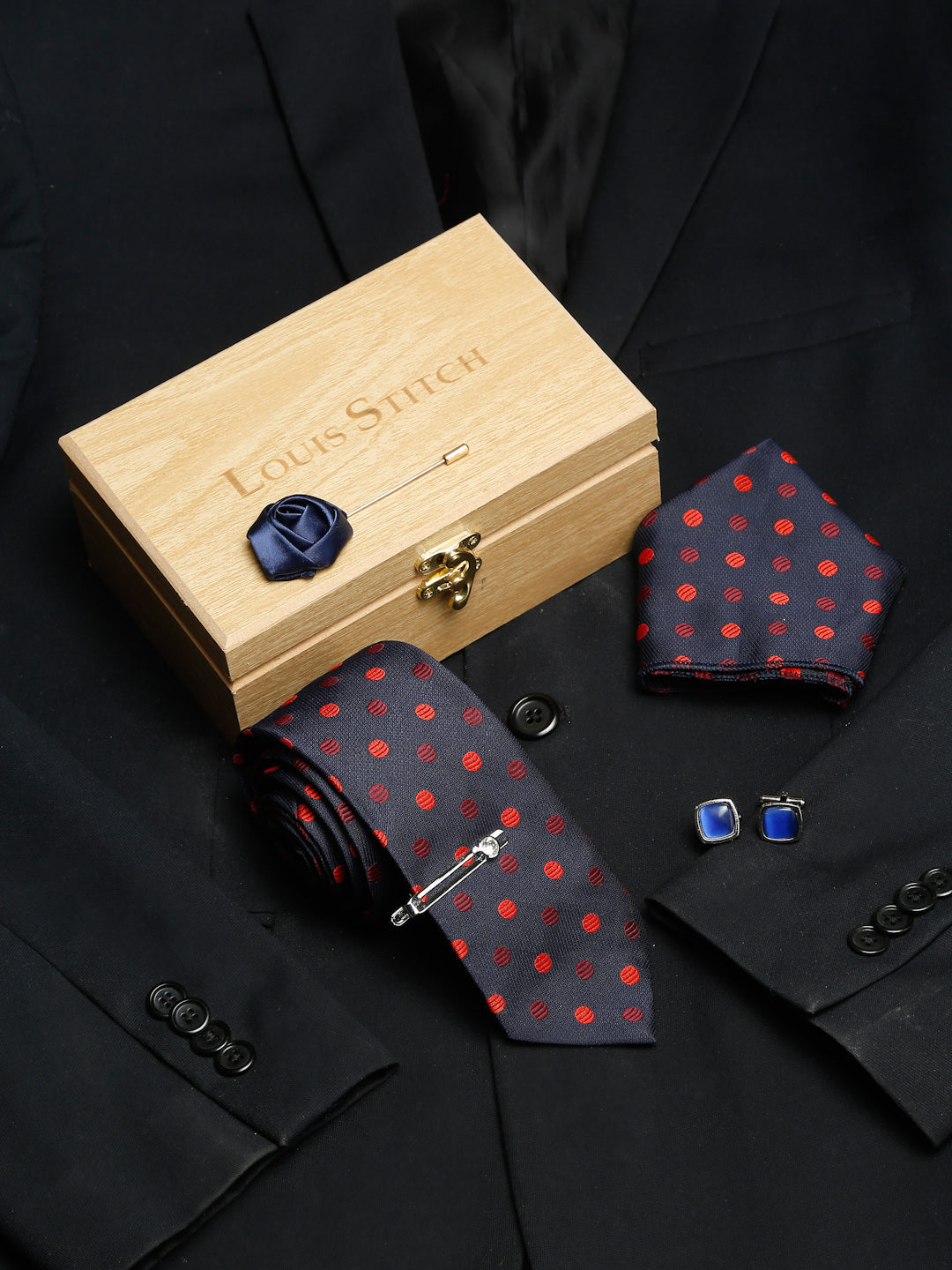 Polka Blue Luxury Italian Silk Necktie Set With Pocket Square Cufflinks Brooch Chrome Tie pin