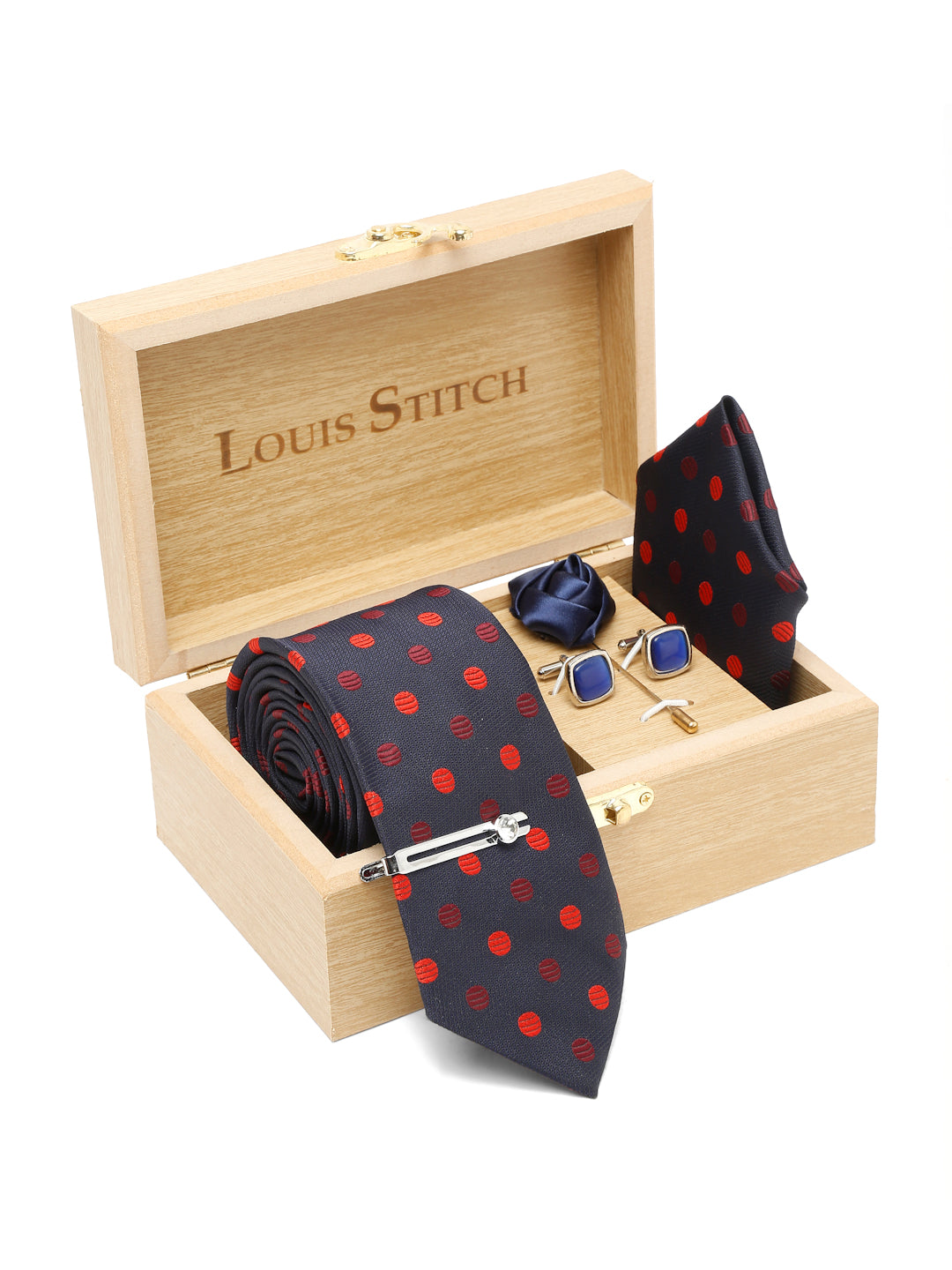 Polka Blue Luxury Italian Silk Necktie Set With Pocket Square Cufflinks Brooch Chrome Tie pin