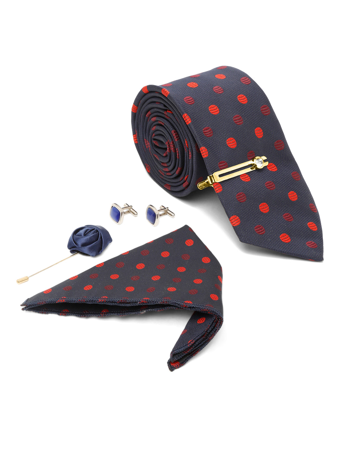 Polka Blue Luxury Italian Silk Necktie Set With Pocket Square Cufflinks Brooch Gold Tie pin