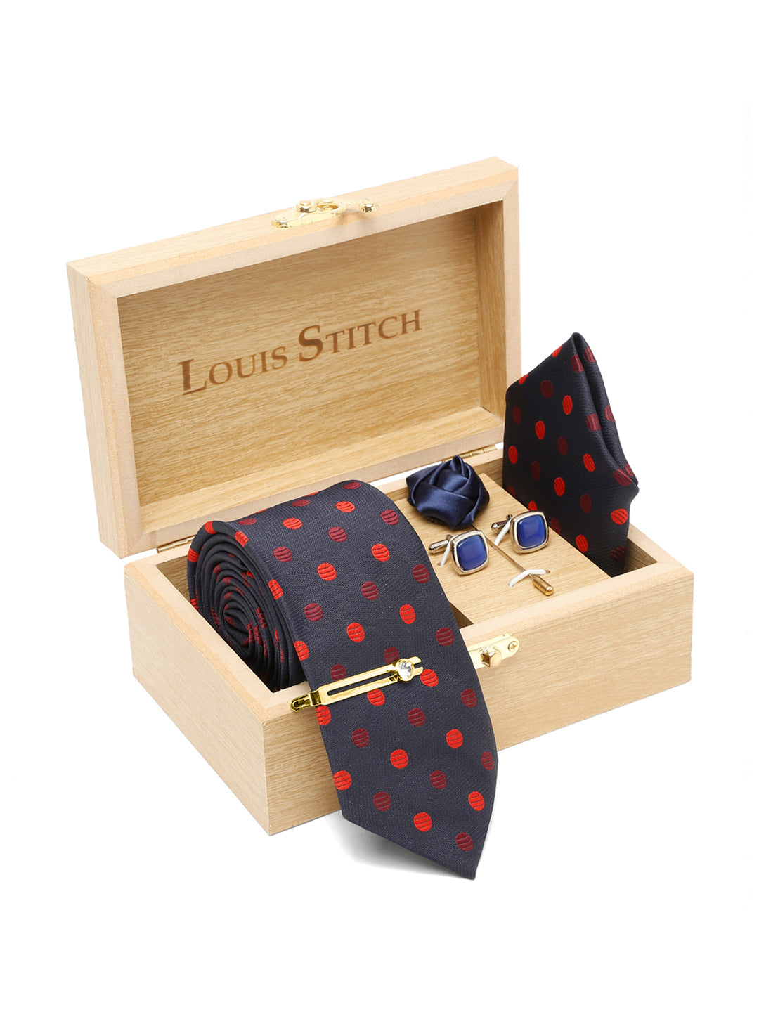 Polka Blue Luxury Italian Silk Necktie Set With Pocket Square Cufflinks Brooch Gold Tie pin