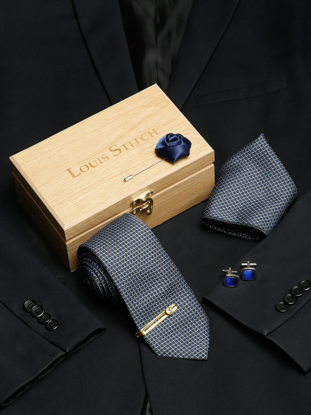 Blue Checkerd Luxury Italian Silk Necktie Set With Pocket Square Cufflinks Brooch Gold Tie pin