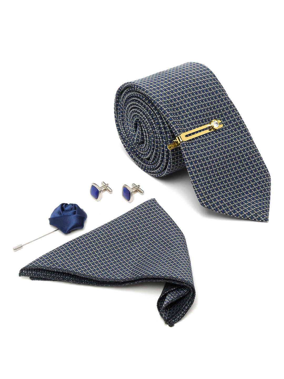 Blue Checkerd Luxury Italian Silk Necktie Set With Pocket Square Cufflinks Brooch Gold Tie pin