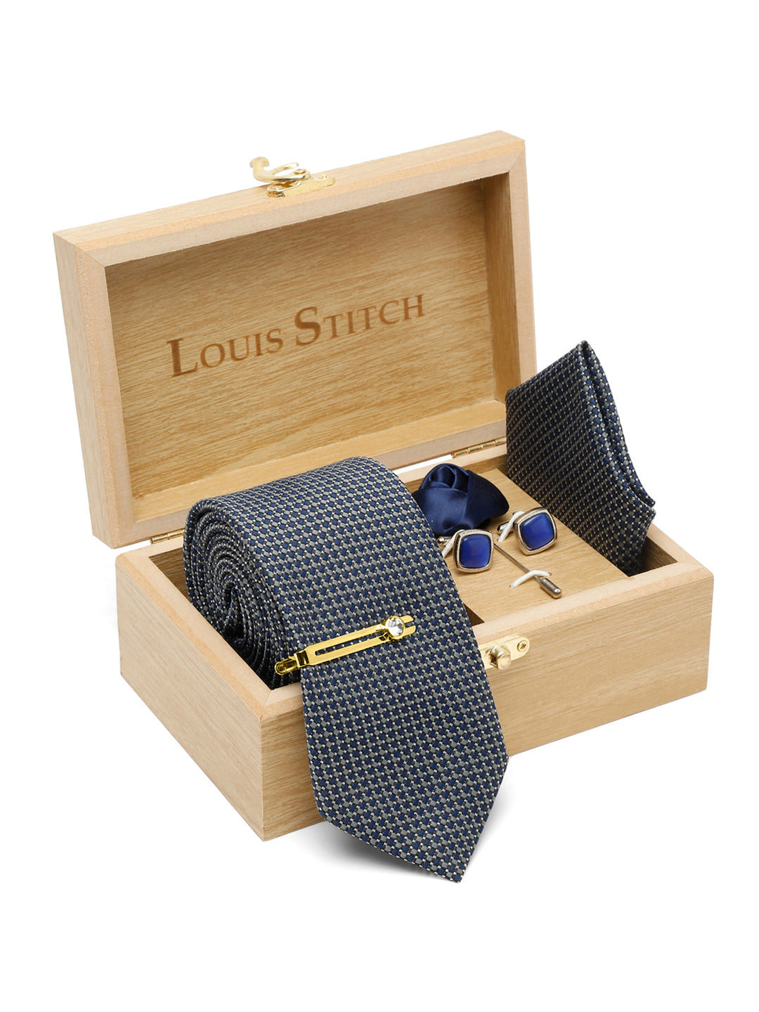 Blue Checkerd Luxury Italian Silk Necktie Set With Pocket Square Cufflinks Brooch Gold Tie pin