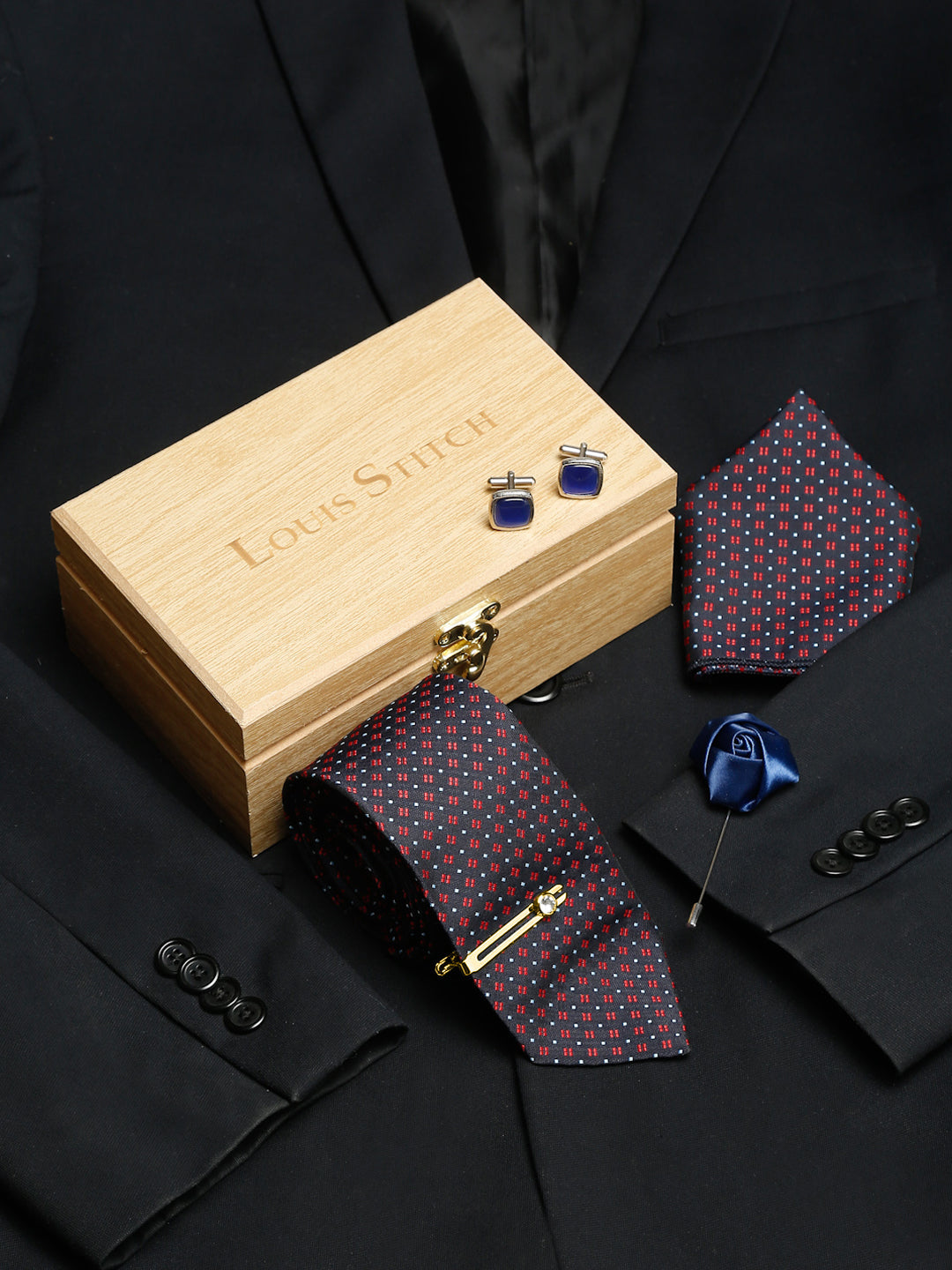 Blue Dotted Pattern Luxury Italian Silk Necktie Set With Pocket Square Cufflinks Brooch Gold Tie pin