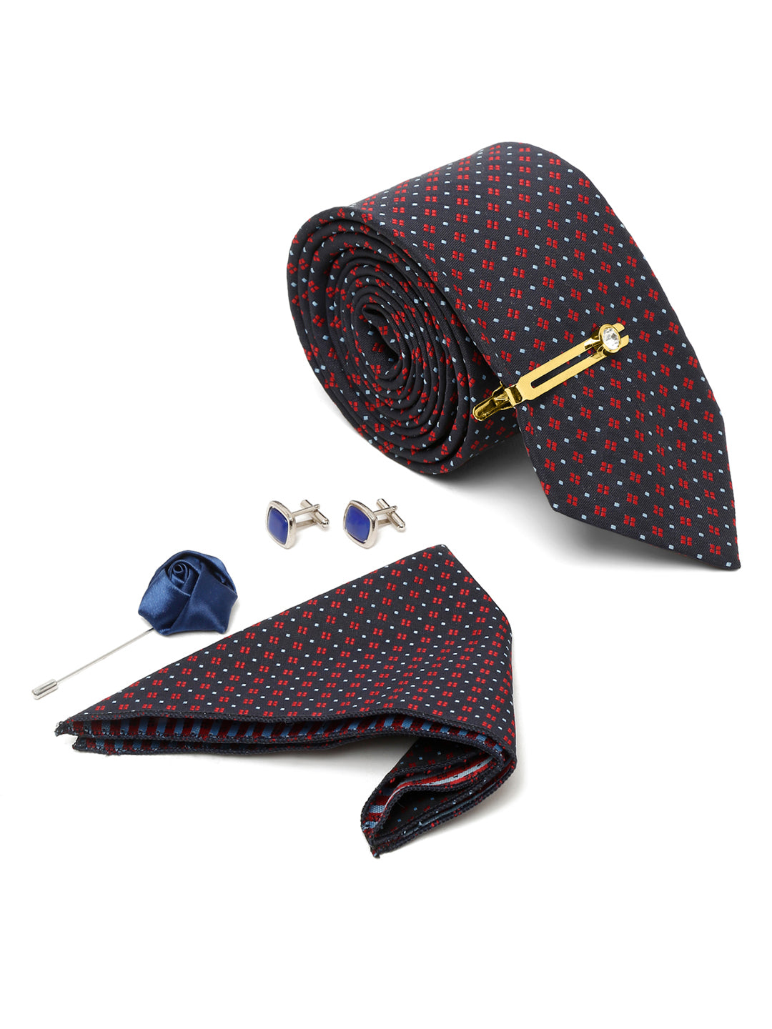 Blue Dotted Pattern Luxury Italian Silk Necktie Set With Pocket Square Cufflinks Brooch Gold Tie pin