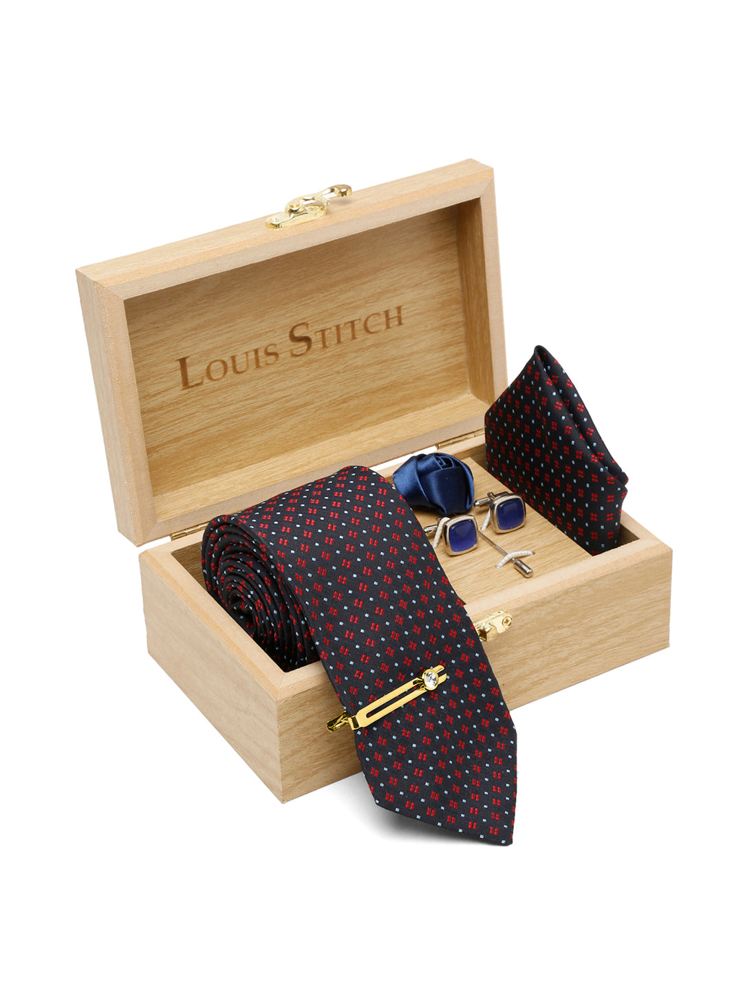 Blue Dotted Pattern Luxury Italian Silk Necktie Set With Pocket Square Cufflinks Brooch Gold Tie pin