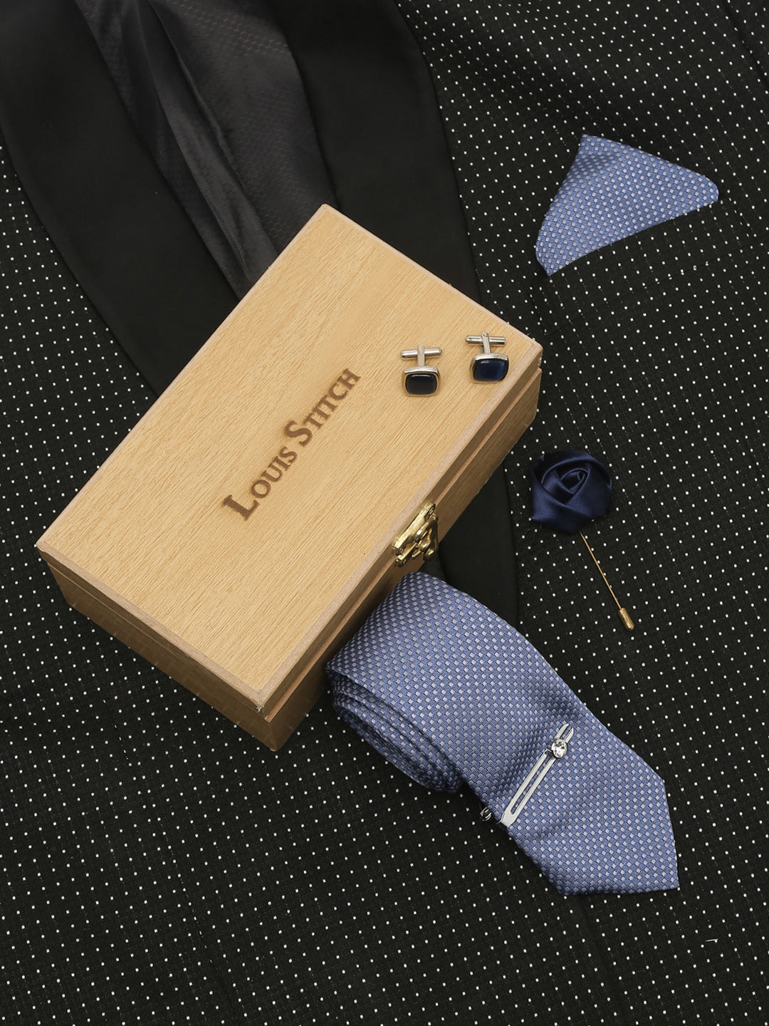 Ash Blue Luxury Italian Silk Necktie Set With Pocket Square Cufflinks Brooch Chrome Tie pin