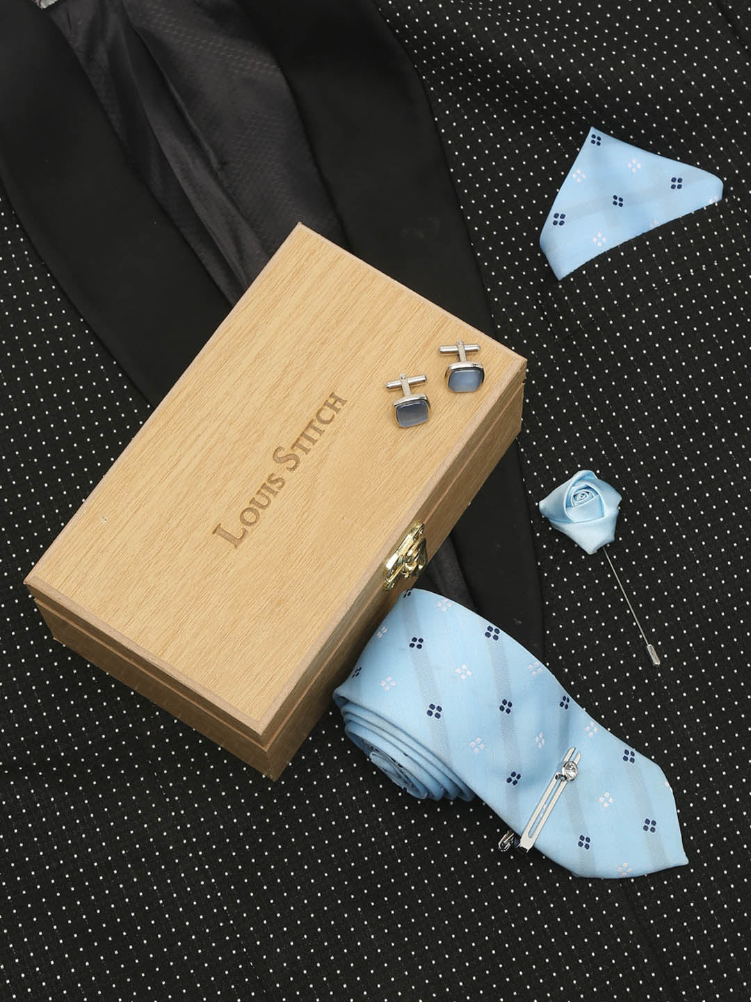 Light Printed Blue Luxury Italian Silk Necktie Set With Pocket Square Cufflinks Brooch Chrome Tie pin