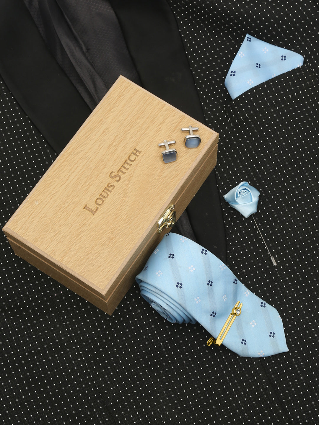 Light Printed Blue Luxury Italian Silk Necktie Set With Pocket Square Cufflinks Brooch Gold Tie pin