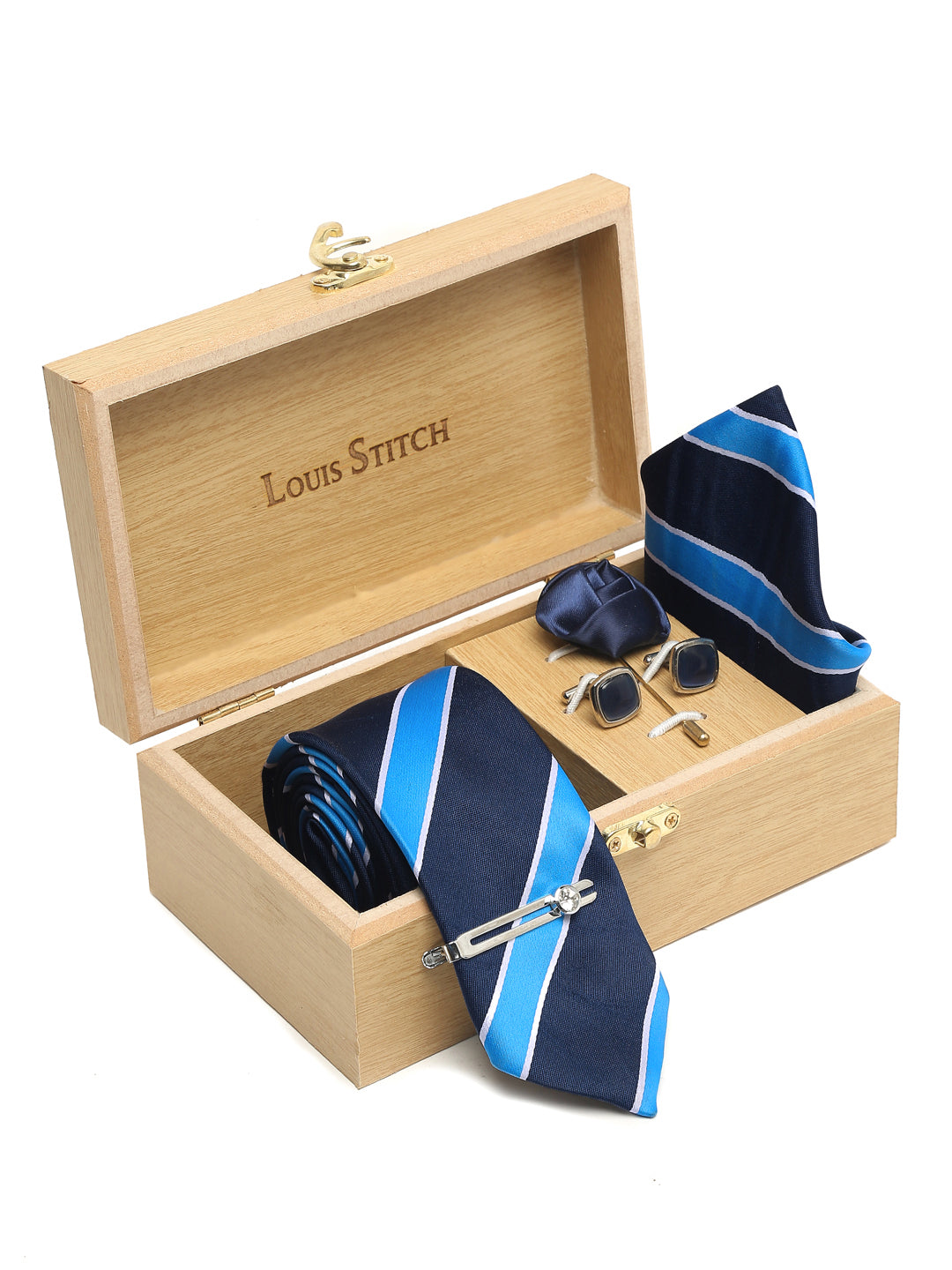 Polka Bright Blue Luxury Italian Silk Necktie Set With Pocket Square Cufflinks Brooch Chrome Tie pin