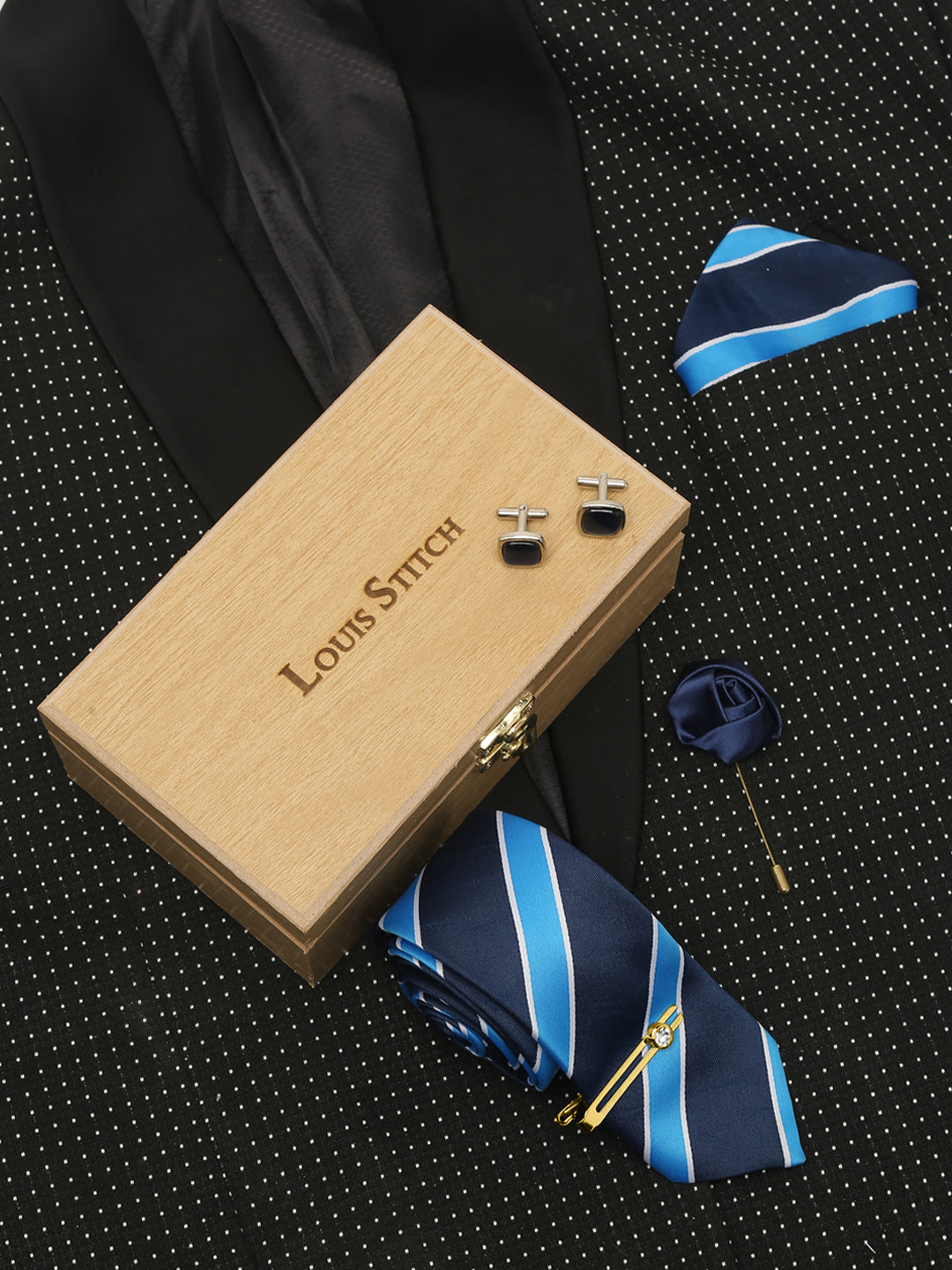 Polka Bright Blue Luxury Italian Silk Necktie Set With Pocket Square Cufflinks Brooch Gold Tie pin