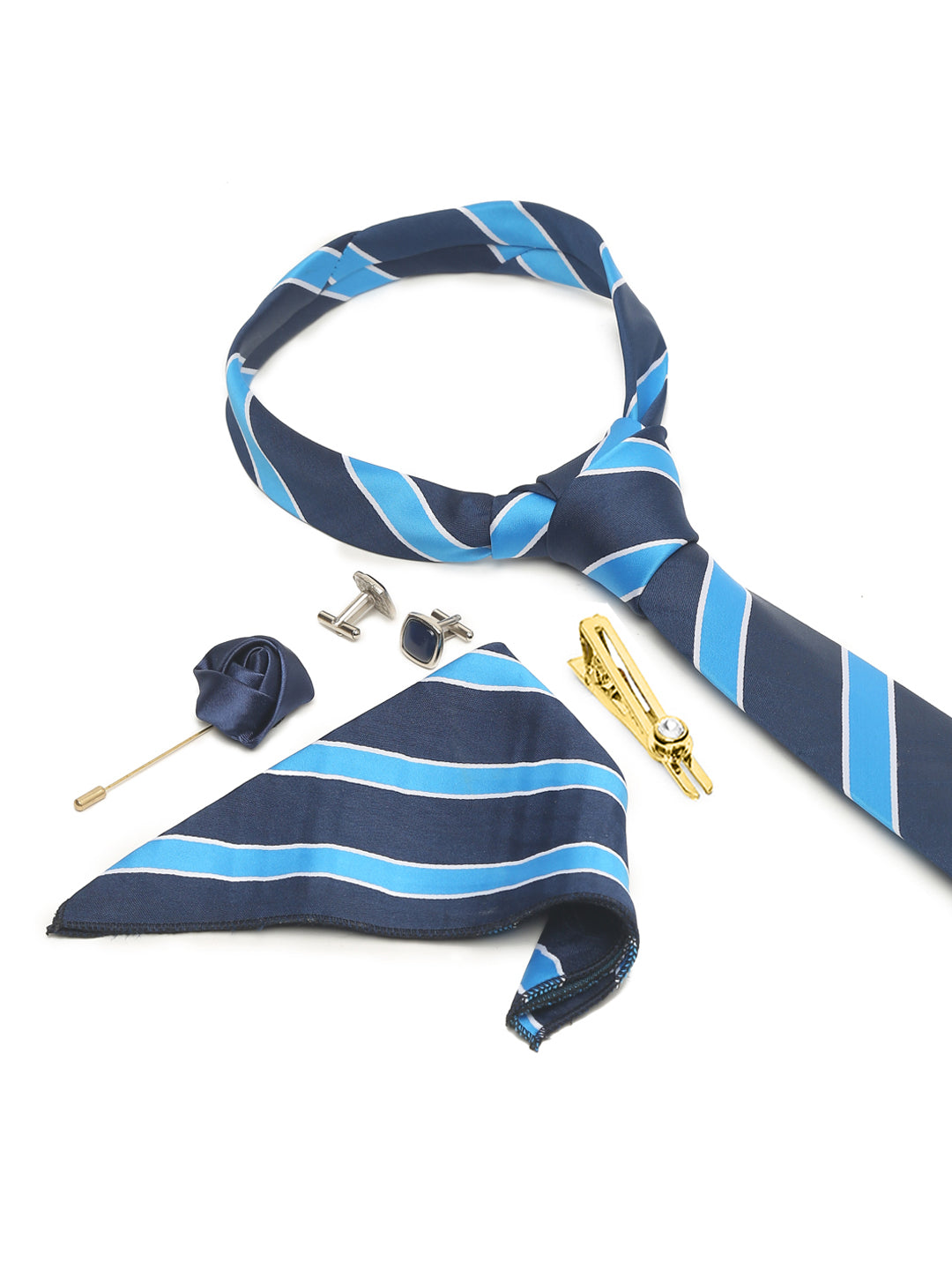 Polka Bright Blue Luxury Italian Silk Necktie Set With Pocket Square Cufflinks Brooch Gold Tie pin