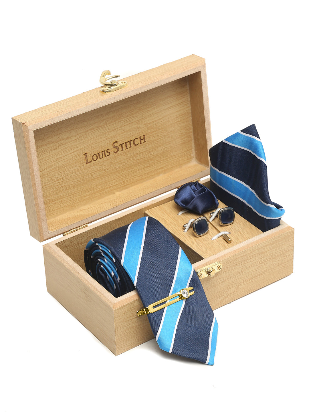 Polka Bright Blue Luxury Italian Silk Necktie Set With Pocket Square Cufflinks Brooch Gold Tie pin