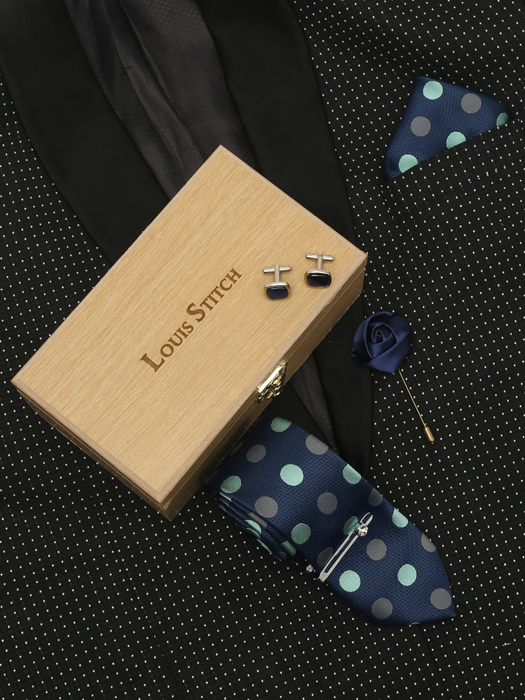 Polka Dotted Blue Luxury Italian Silk Necktie Set With Pocket Square Cufflinks Brooch Chrome Tie pin