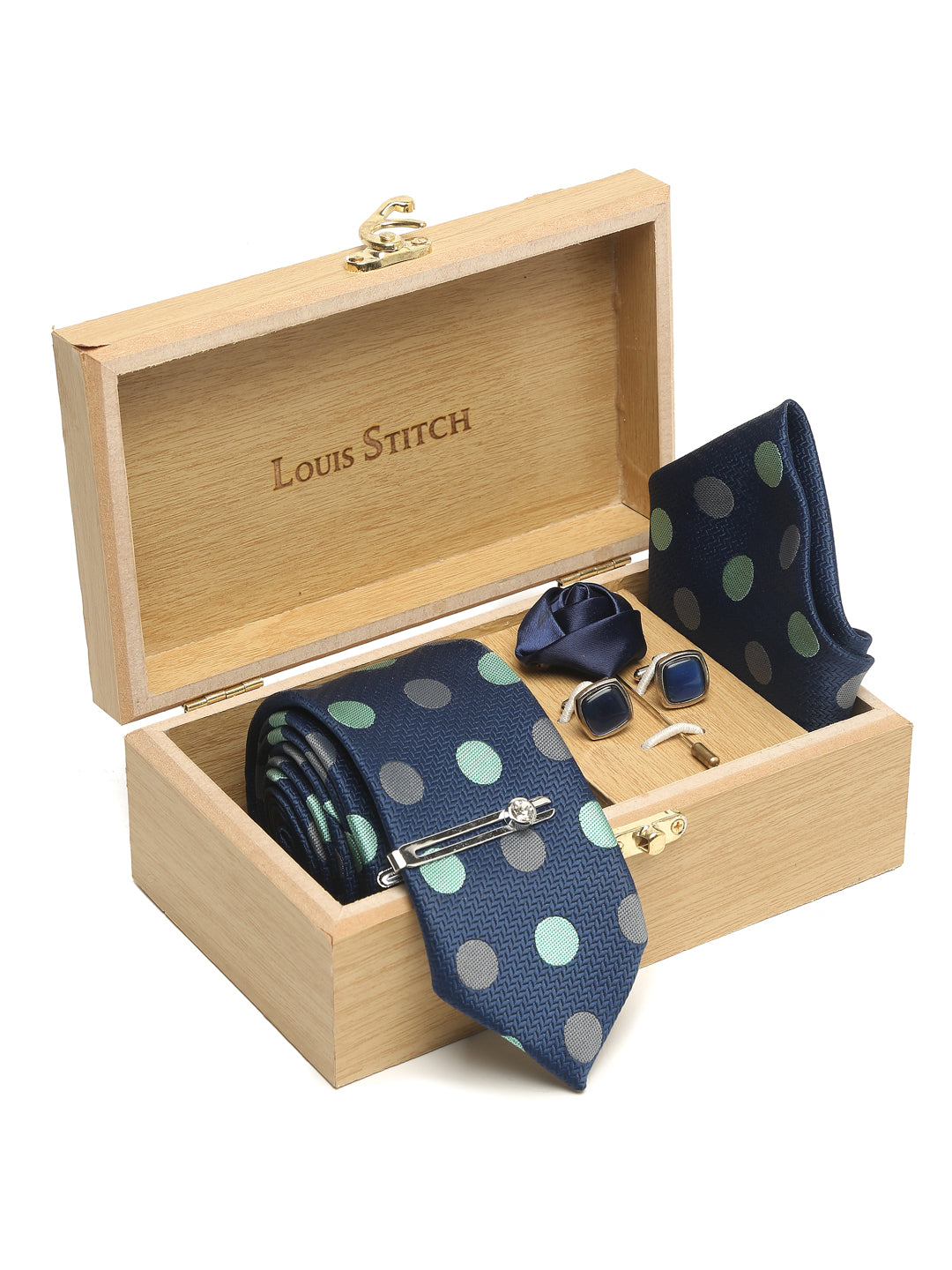 Polka Dotted Blue Luxury Italian Silk Necktie Set With Pocket Square Cufflinks Brooch Chrome Tie pin