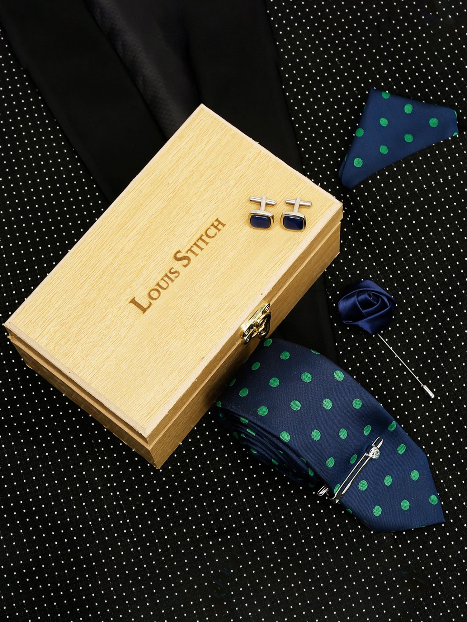 Polka Dot Blue Luxury Italian Silk Necktie Set With Pocket Square Cufflinks Brooch Chrome Tie pin