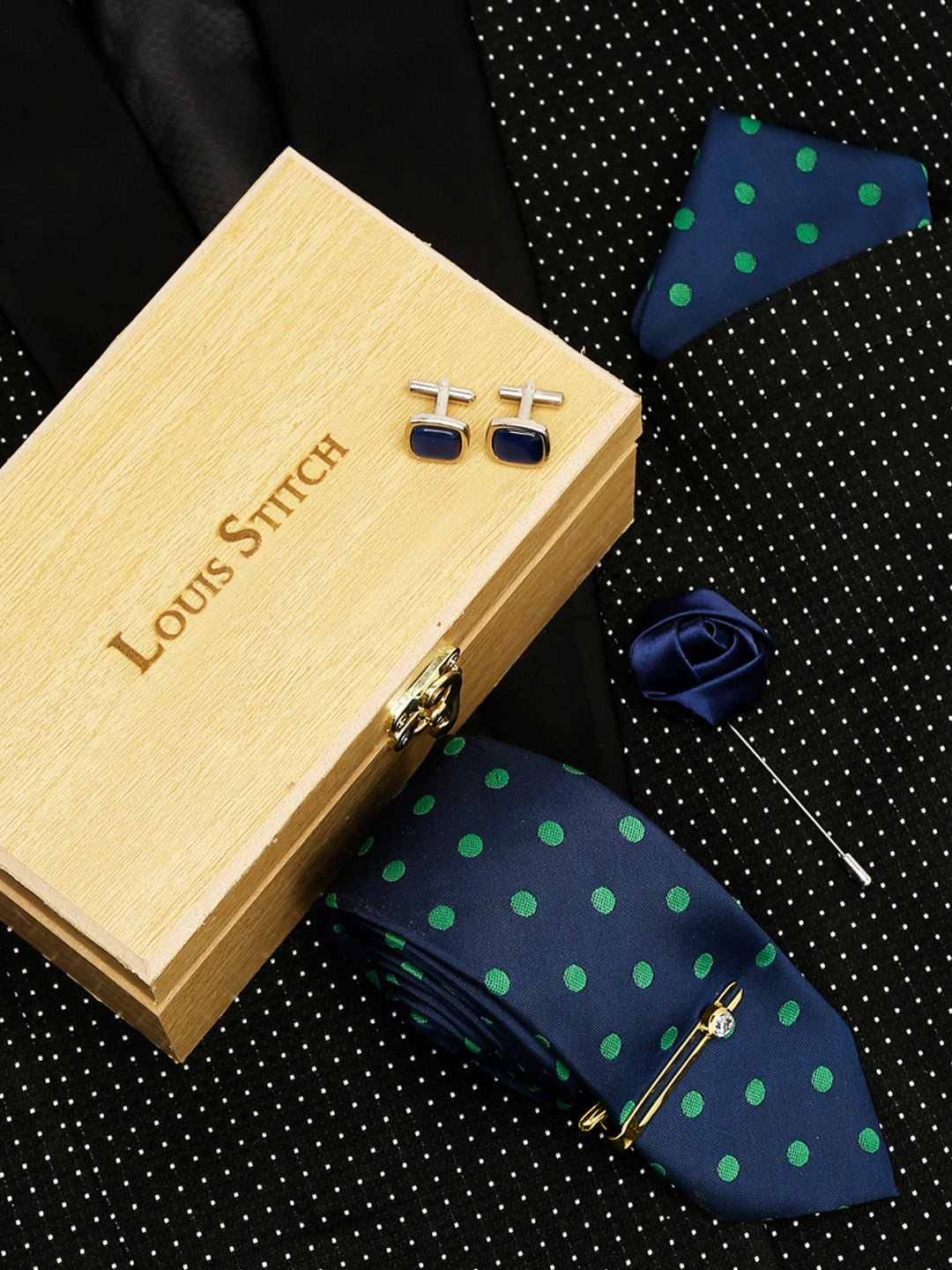 Polka Dot Blue Luxury Italian Silk Necktie Set With Pocket Square Cufflinks Brooch Gold Tie pin