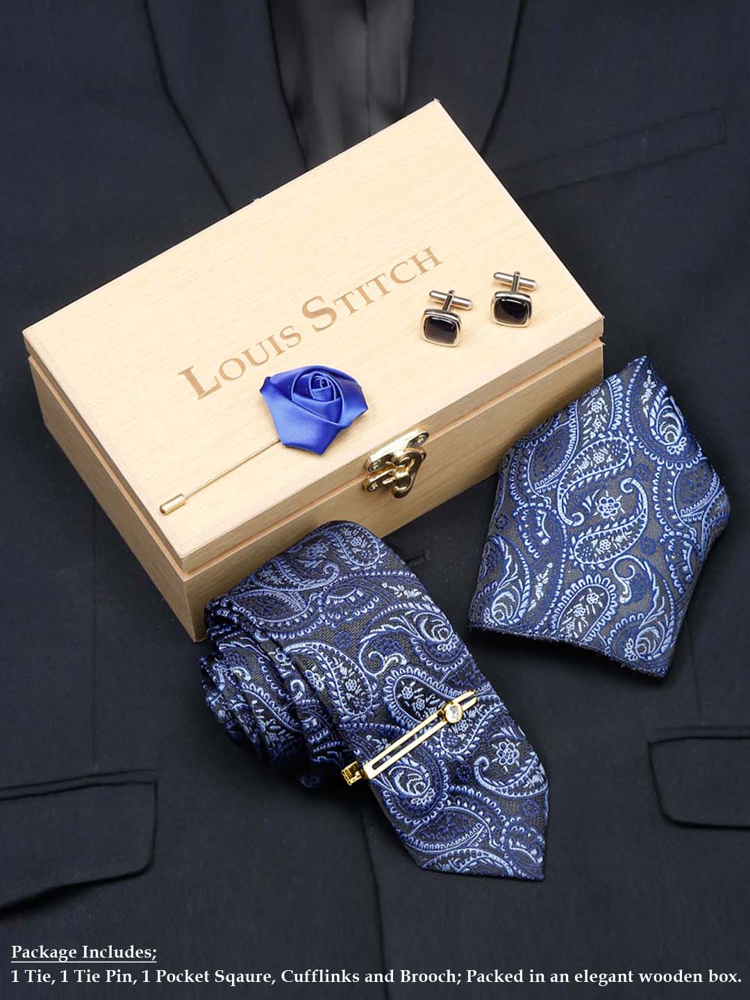 Denim Blue Luxury Italian Silk Necktie Set With Pocket Square Cufflinks Brooch Gold Tie pin