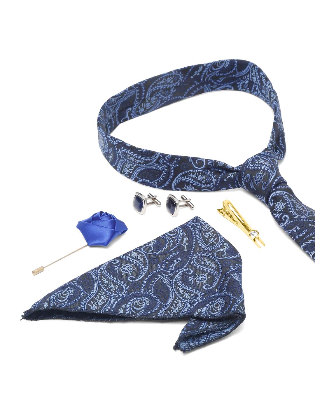 Denim Blue Luxury Italian Silk Necktie Set With Pocket Square Cufflinks Brooch Gold Tie pin