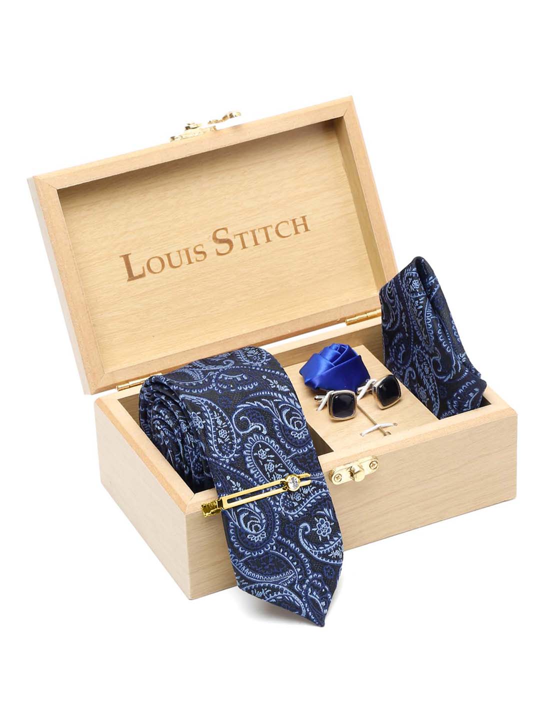 Denim Blue Luxury Italian Silk Necktie Set With Pocket Square Cufflinks Brooch Gold Tie pin