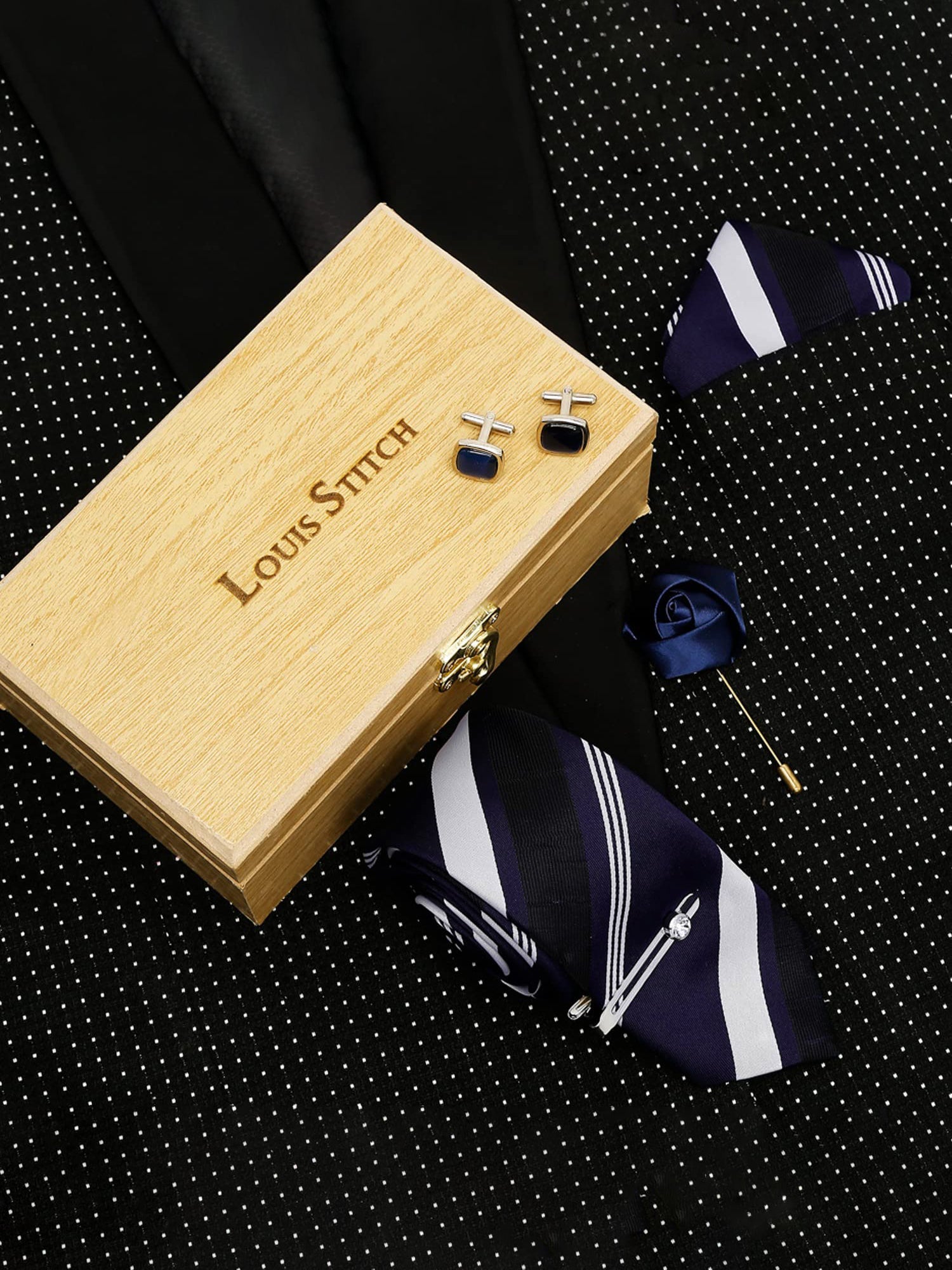 Lined Blue Stripes Luxury Italian Silk Necktie Set With Pocket Square Cufflinks Brooch Chrome Tie pin