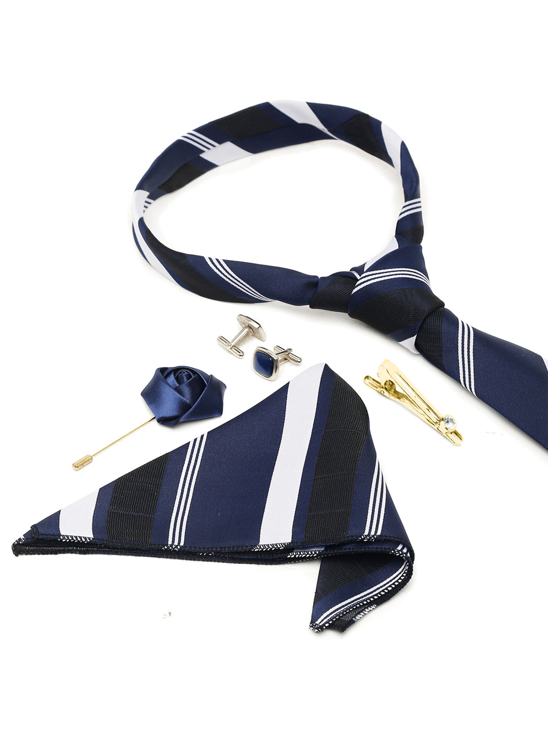 Lined Blue Stripes Luxury Italian Silk Necktie Set With Pocket Square Cufflinks Brooch Gold Tie pin