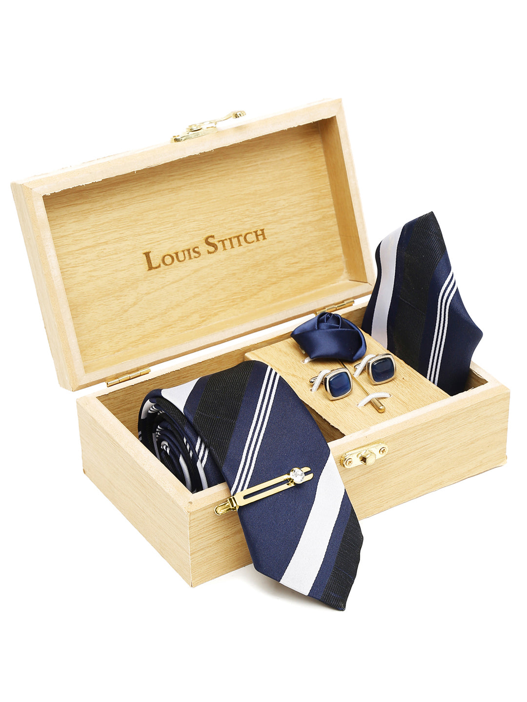 Lined Blue Stripes Luxury Italian Silk Necktie Set With Pocket Square Cufflinks Brooch Gold Tie pin