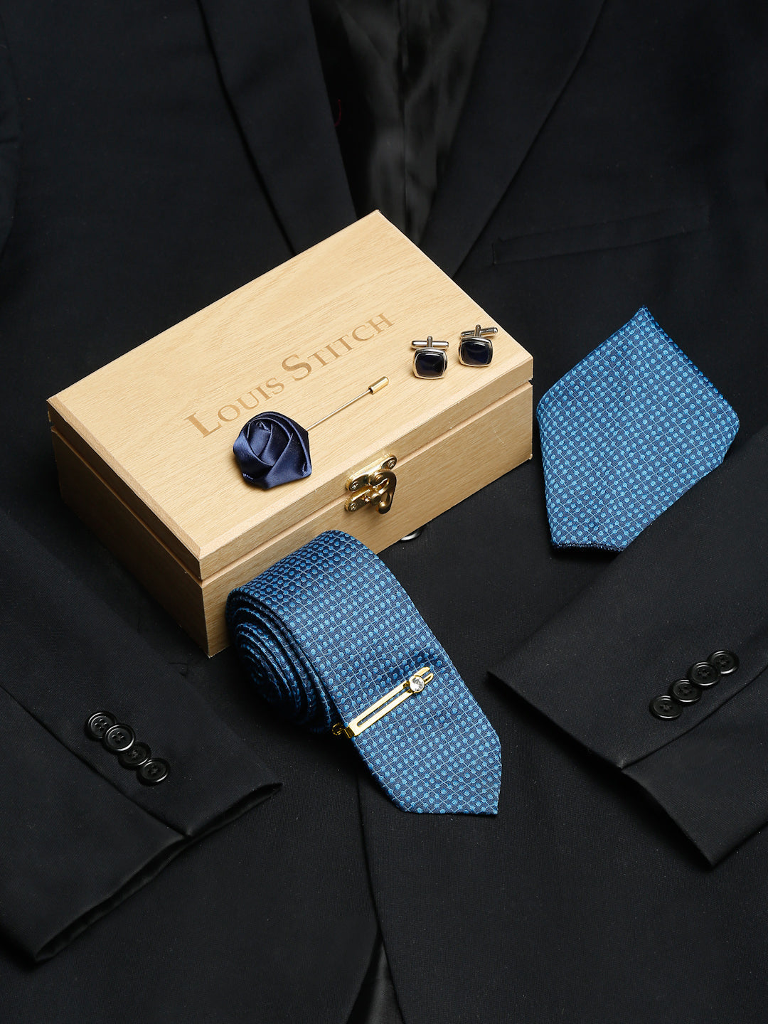 Polka Dotted Blue Luxury Italian Silk Necktie Set With Pocket Square Cufflinks Brooch Gold Tie pin