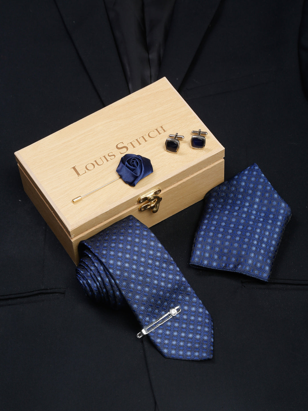 Admiral Blue Luxury Italian Silk Necktie Set With Pocket Square Cufflinks Brooch Chrome Tie pin