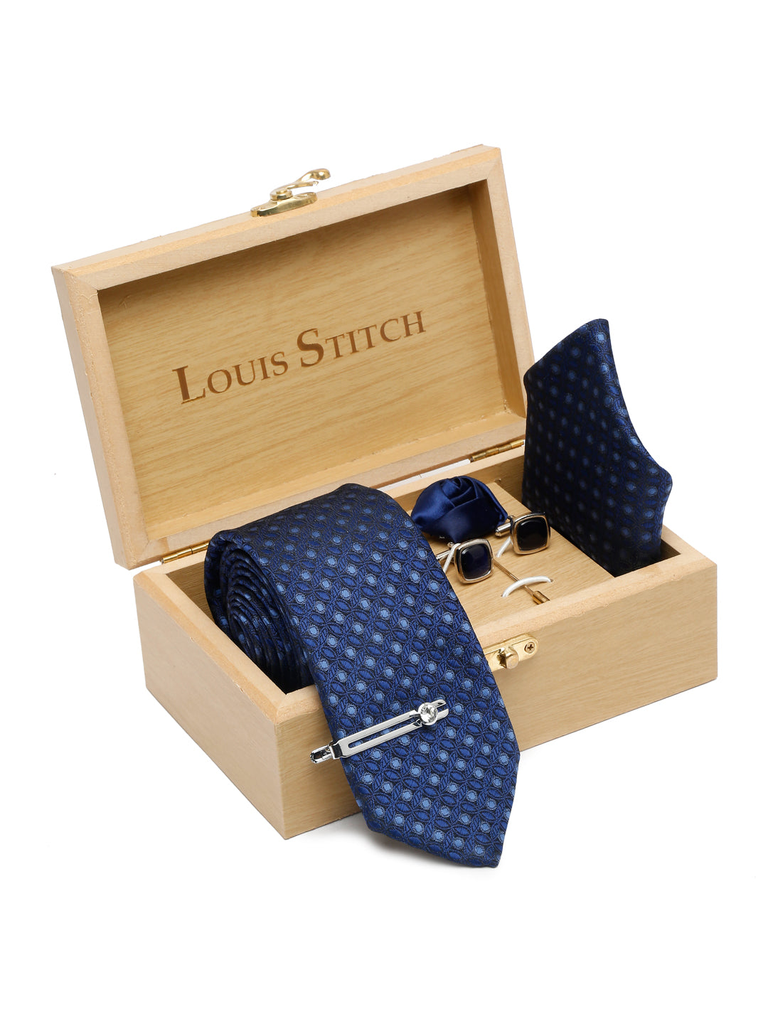 Admiral Blue Luxury Italian Silk Necktie Set With Pocket Square Cufflinks Brooch Chrome Tie pin