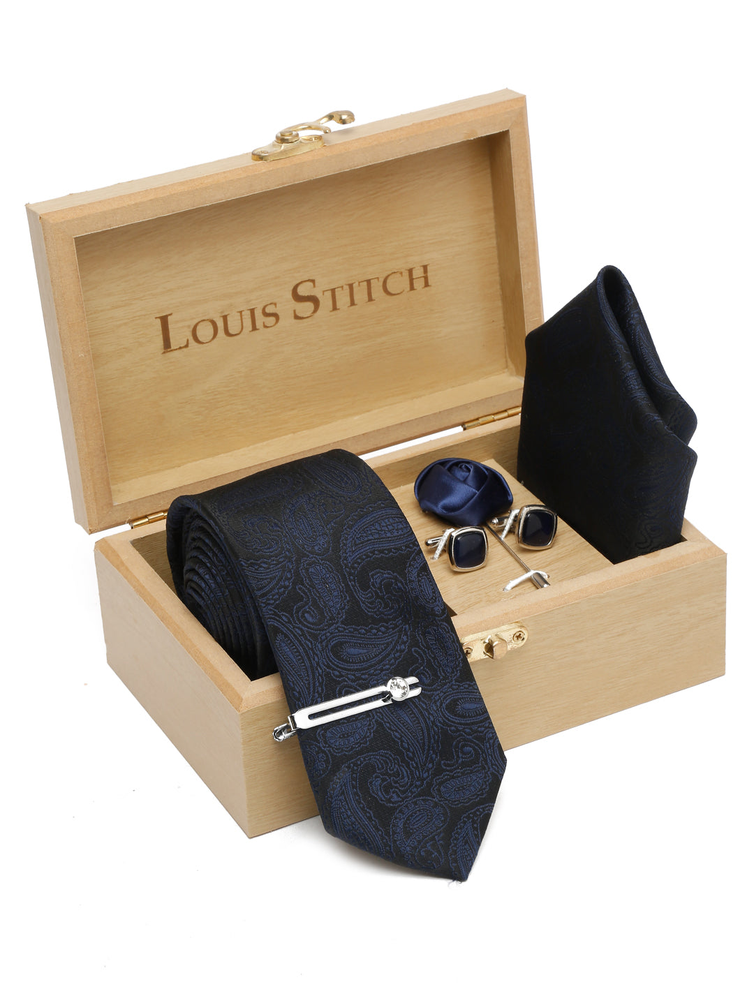 Space Blue Luxury Italian Silk Necktie Set With Pocket Square Cufflinks Brooch Chrome Tie pin