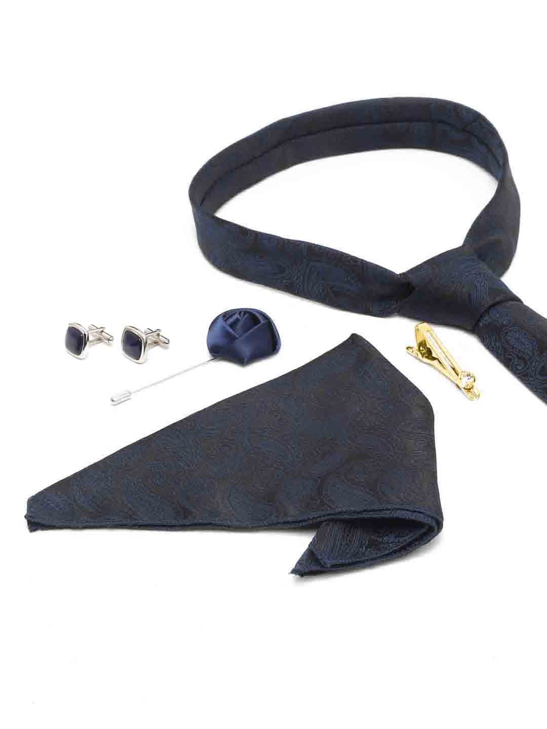 Space Blue Luxury Italian Silk Necktie Set With Pocket Square Cufflinks Brooch Gold Tie pin