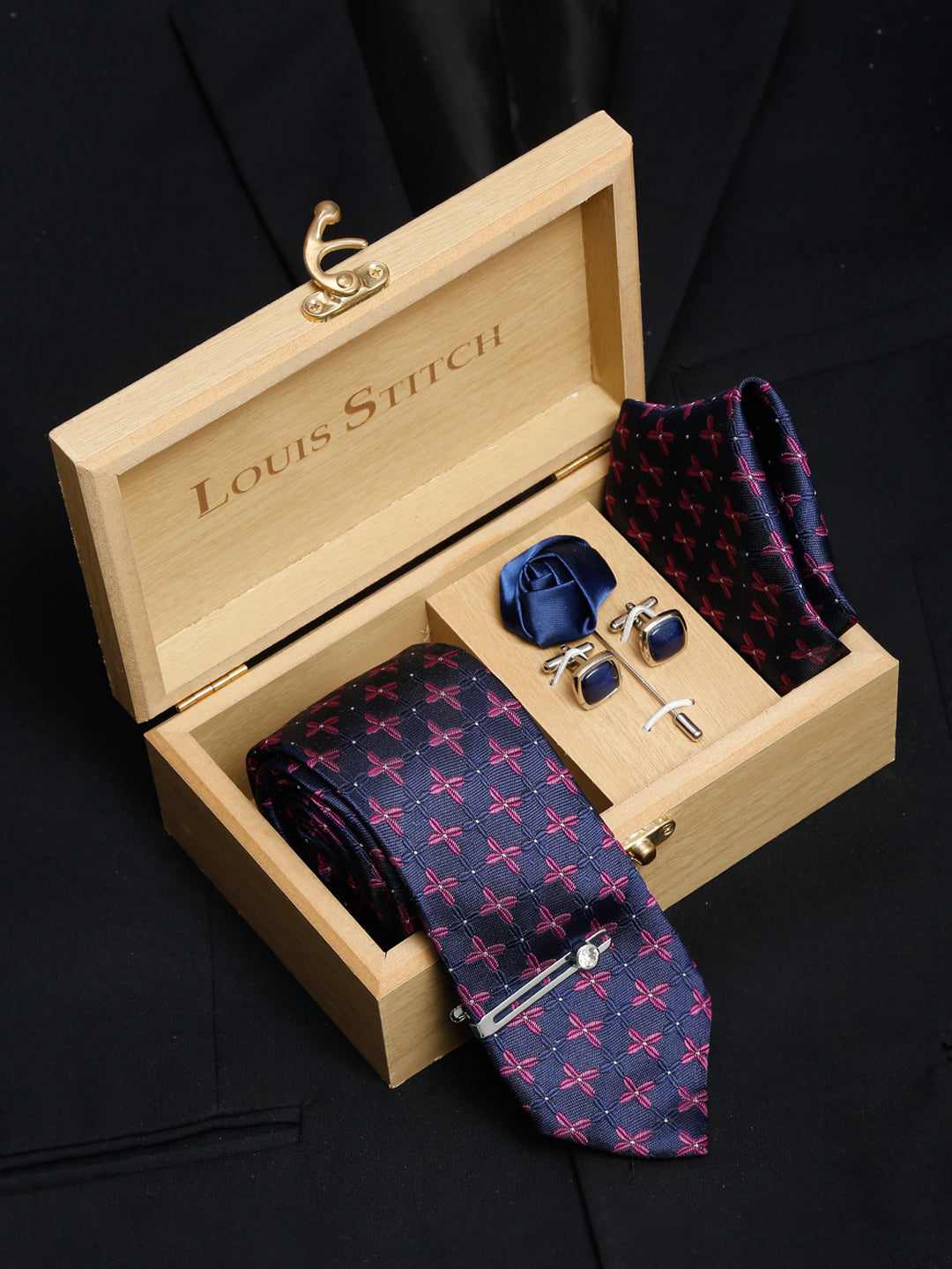  Indigo Blue Luxury Italian Silk Necktie Set With Pocket Square Cufflinks Brooch Chrome Tie pin