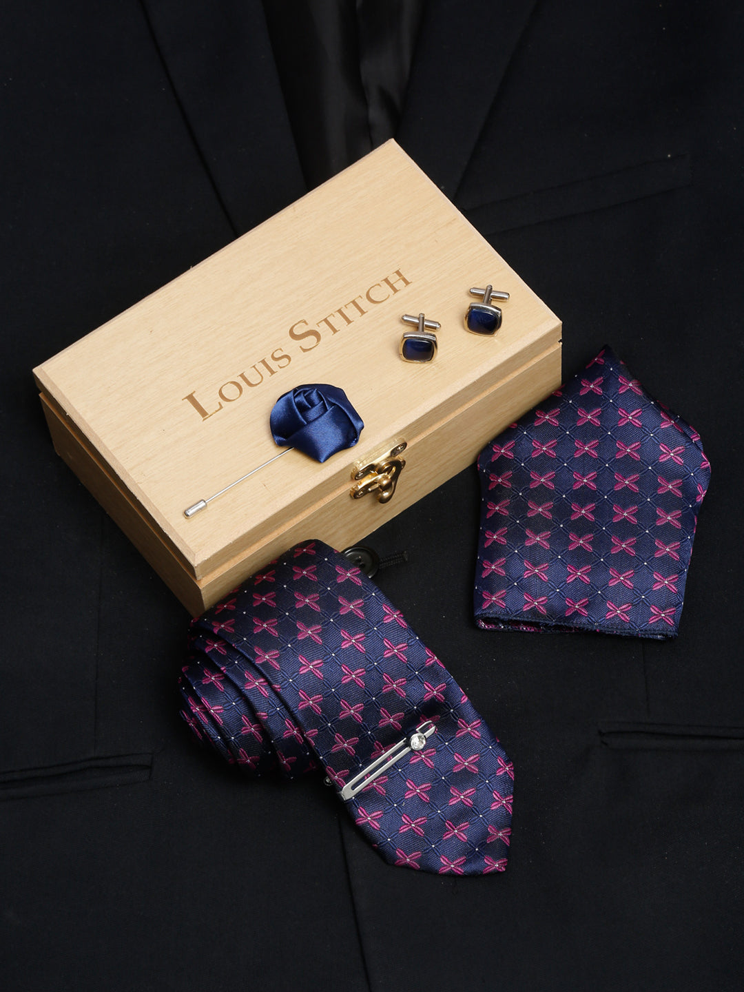 Indigo Blue Luxury Italian Silk Necktie Set With Pocket Square Cufflinks Brooch Chrome Tie pin