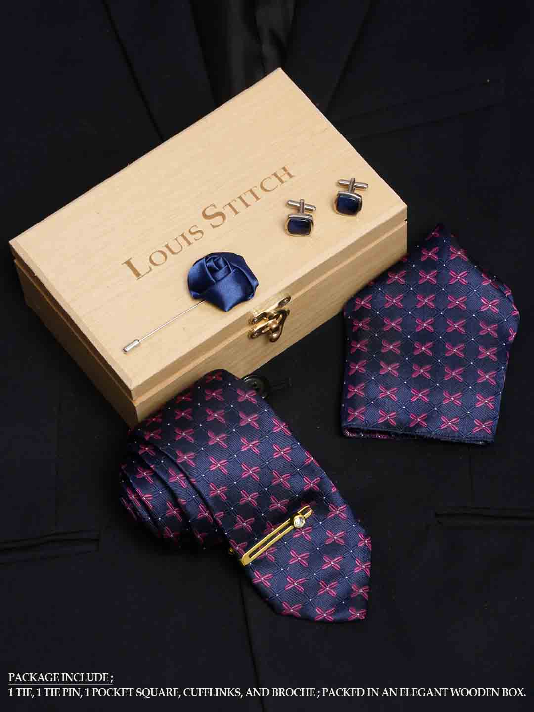 Indigo Blue Luxury Italian Silk Necktie Set With Pocket Square Cufflinks Brooch Gold Tie pin