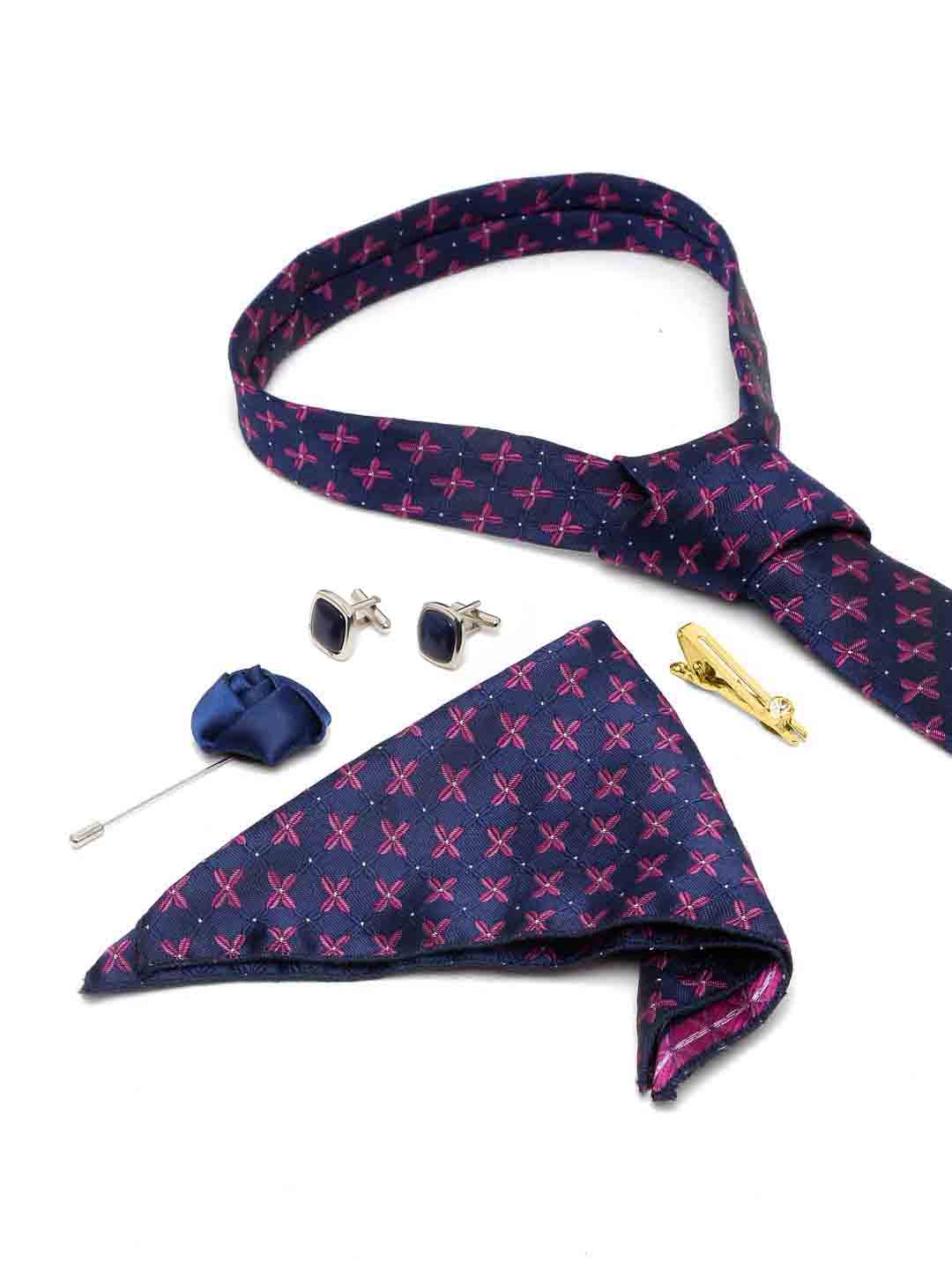 Indigo Blue Luxury Italian Silk Necktie Set With Pocket Square Cufflinks Brooch Gold Tie pin