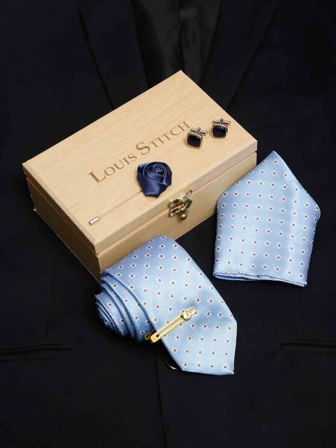 Baby Blue Luxury Italian Silk Necktie Set With Pocket Square Cufflinks Brooch Gold Tie pin