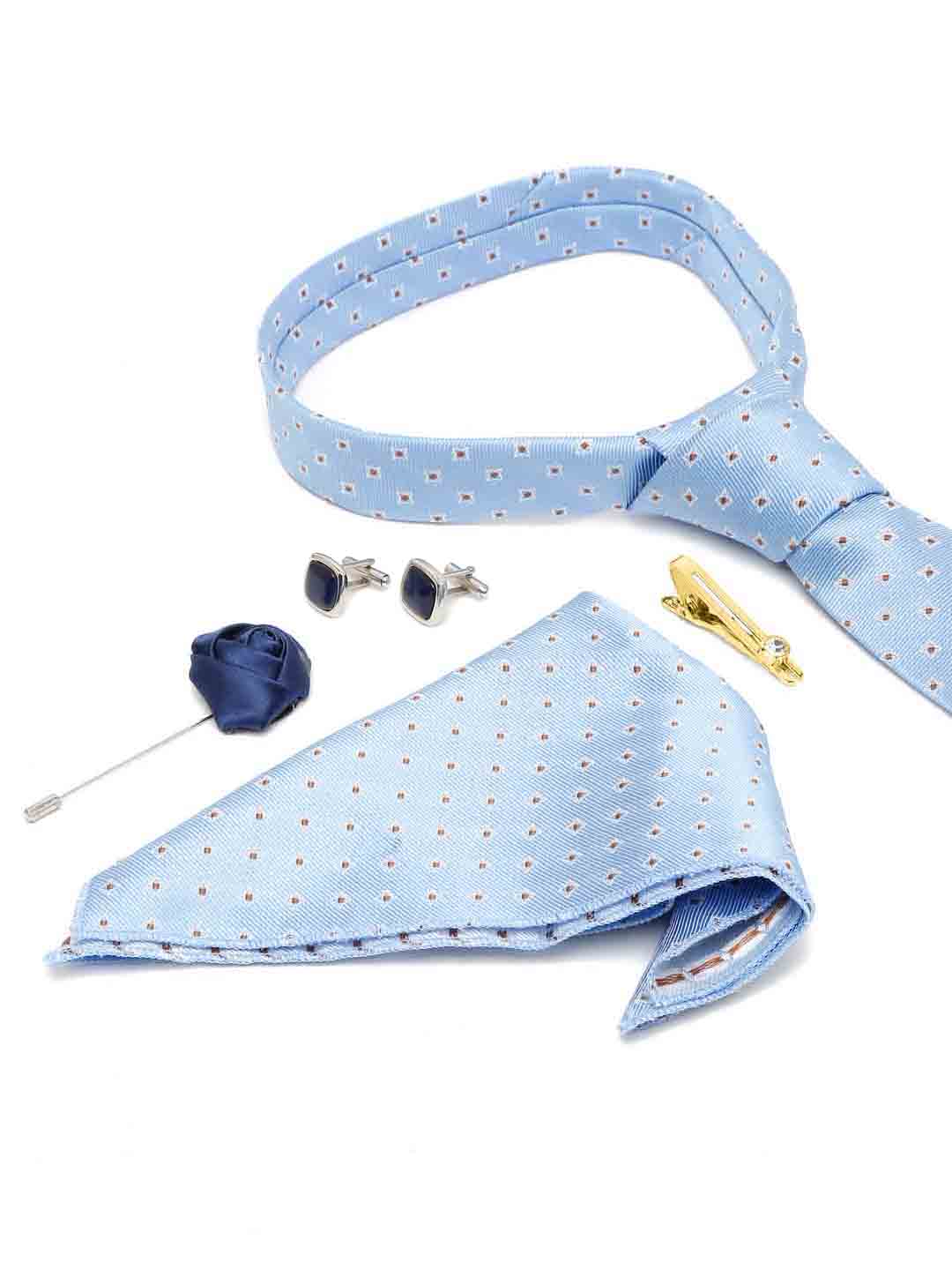 Baby Blue Luxury Italian Silk Necktie Set With Pocket Square Cufflinks Brooch Gold Tie pin