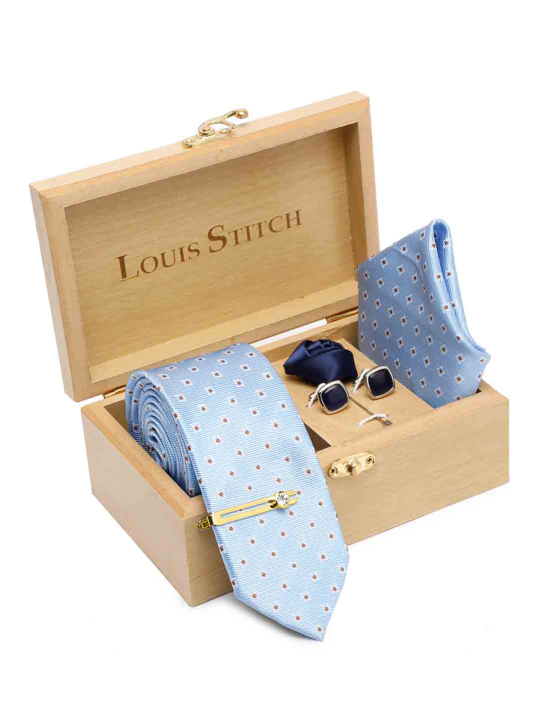 Baby Blue Luxury Italian Silk Necktie Set With Pocket Square Cufflinks Brooch Gold Tie pin