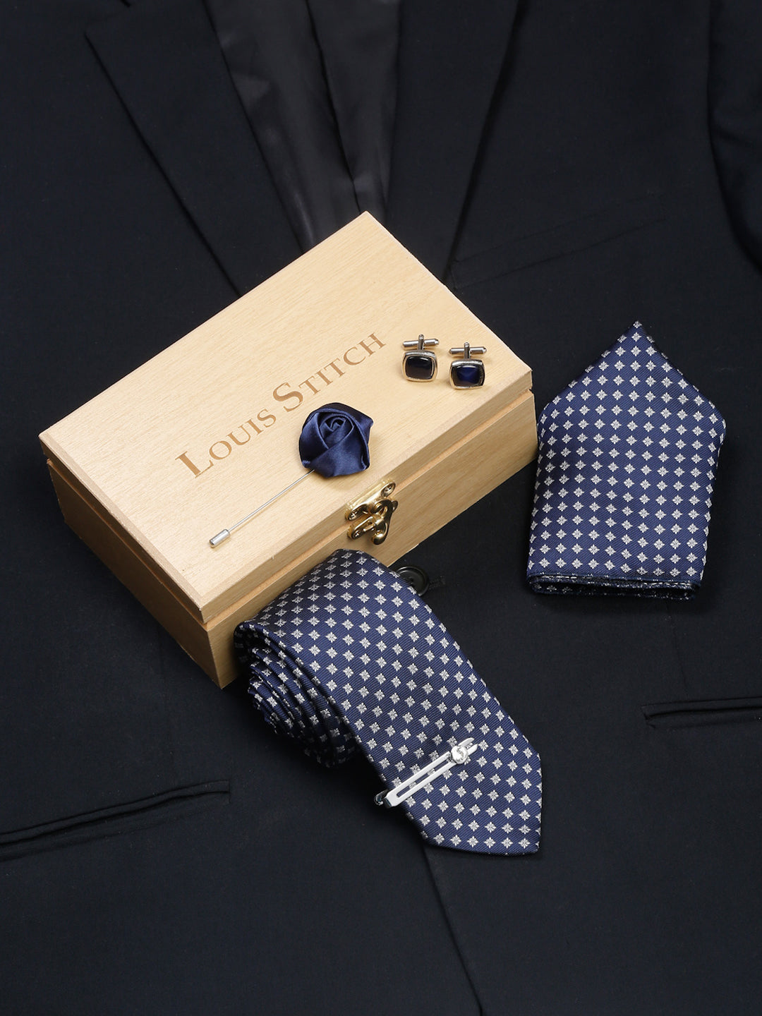 Aegean Blue Luxury Italian Silk Necktie Set With Pocket Square Cufflinks Brooch Chrome Tie pin