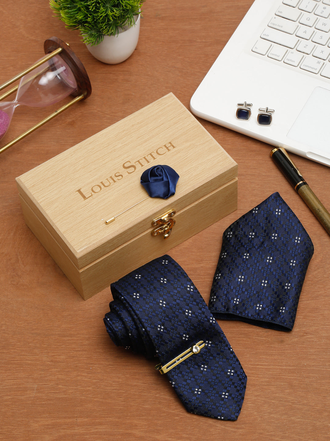 Denim Blue Luxury Italian Silk Necktie Set With Pocket Square Cufflinks Brooch Gold Tie pin