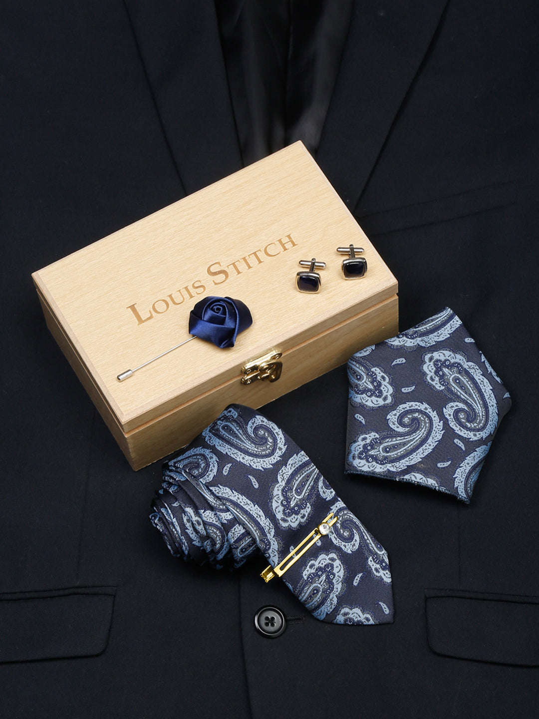 Turquoise Blue Luxury Italian Silk Necktie Set With Pocket Square Cufflinks Brooch Gold Tie pin