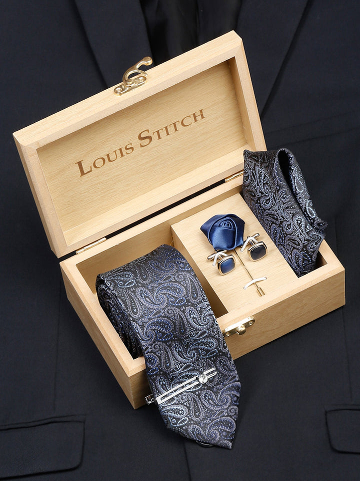  Spruce Blue Luxury Italian Silk Necktie Set With Pocket Square Cufflinks Brooch Chrome Tie pin