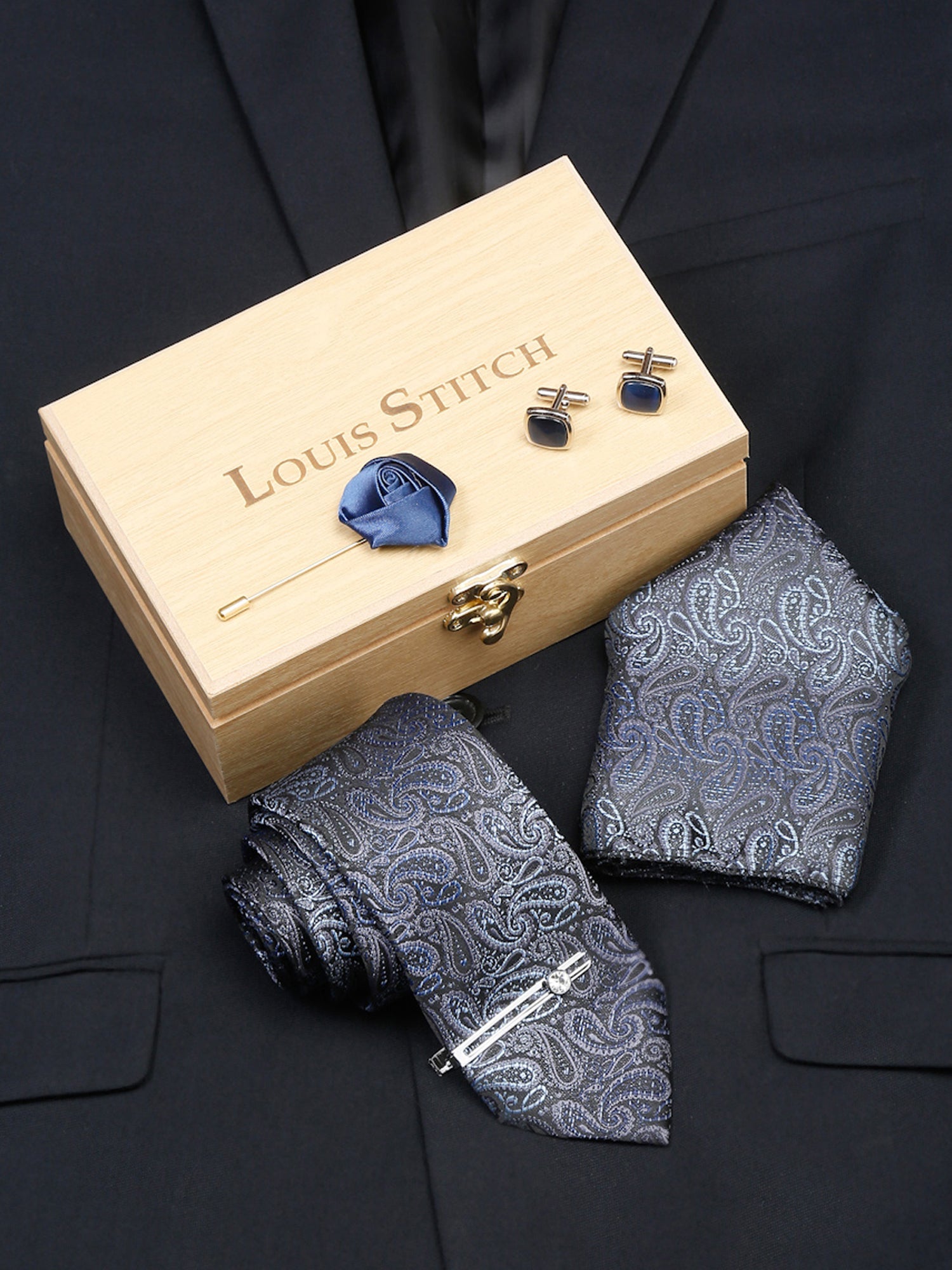 Spruce Blue Luxury Italian Silk Necktie Set With Pocket Square Cufflinks Brooch Chrome Tie pin