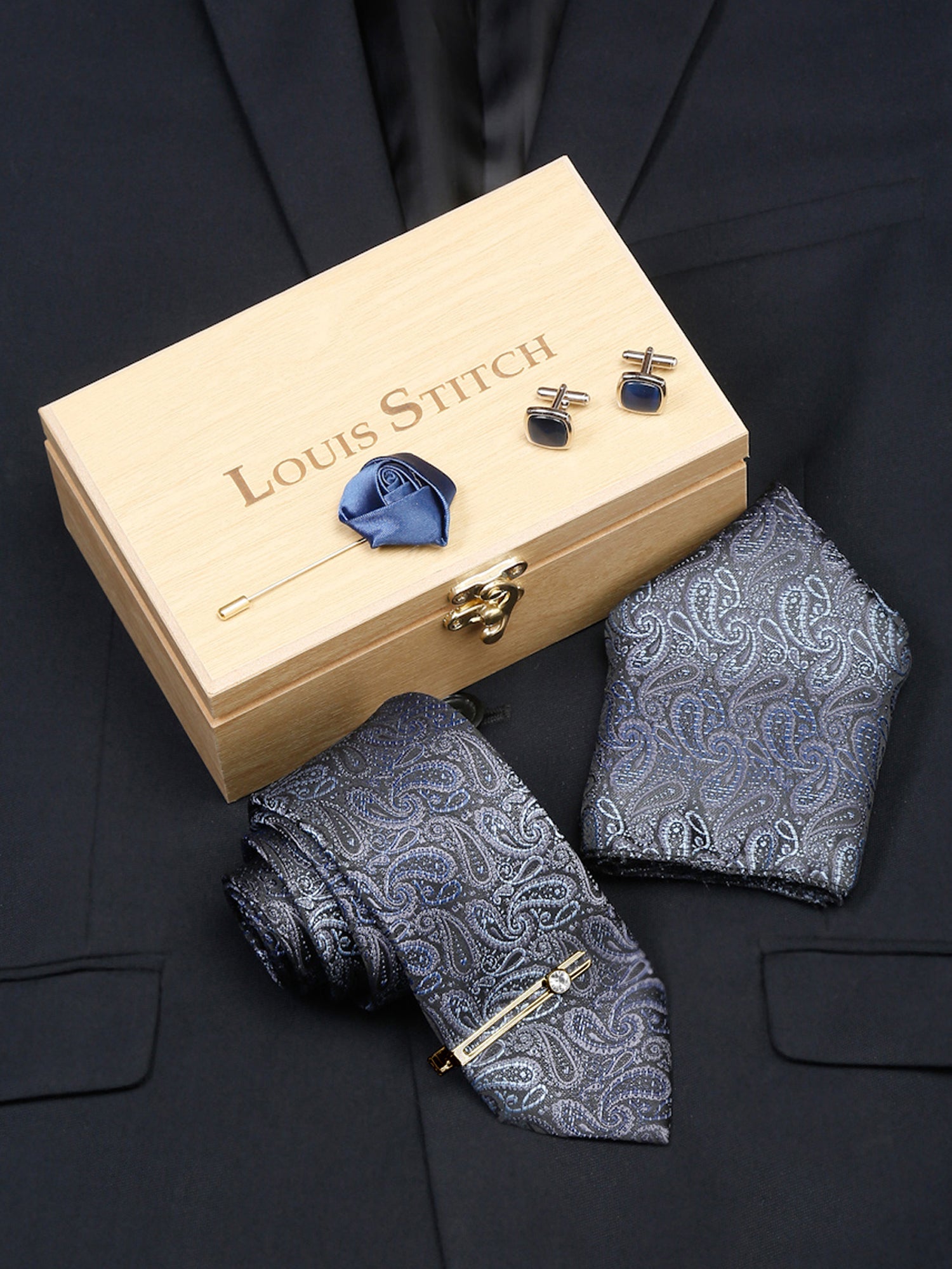 Spruce Blue Luxury Italian Silk Necktie Set With Pocket Square Cufflinks Brooch Gold Tie pin