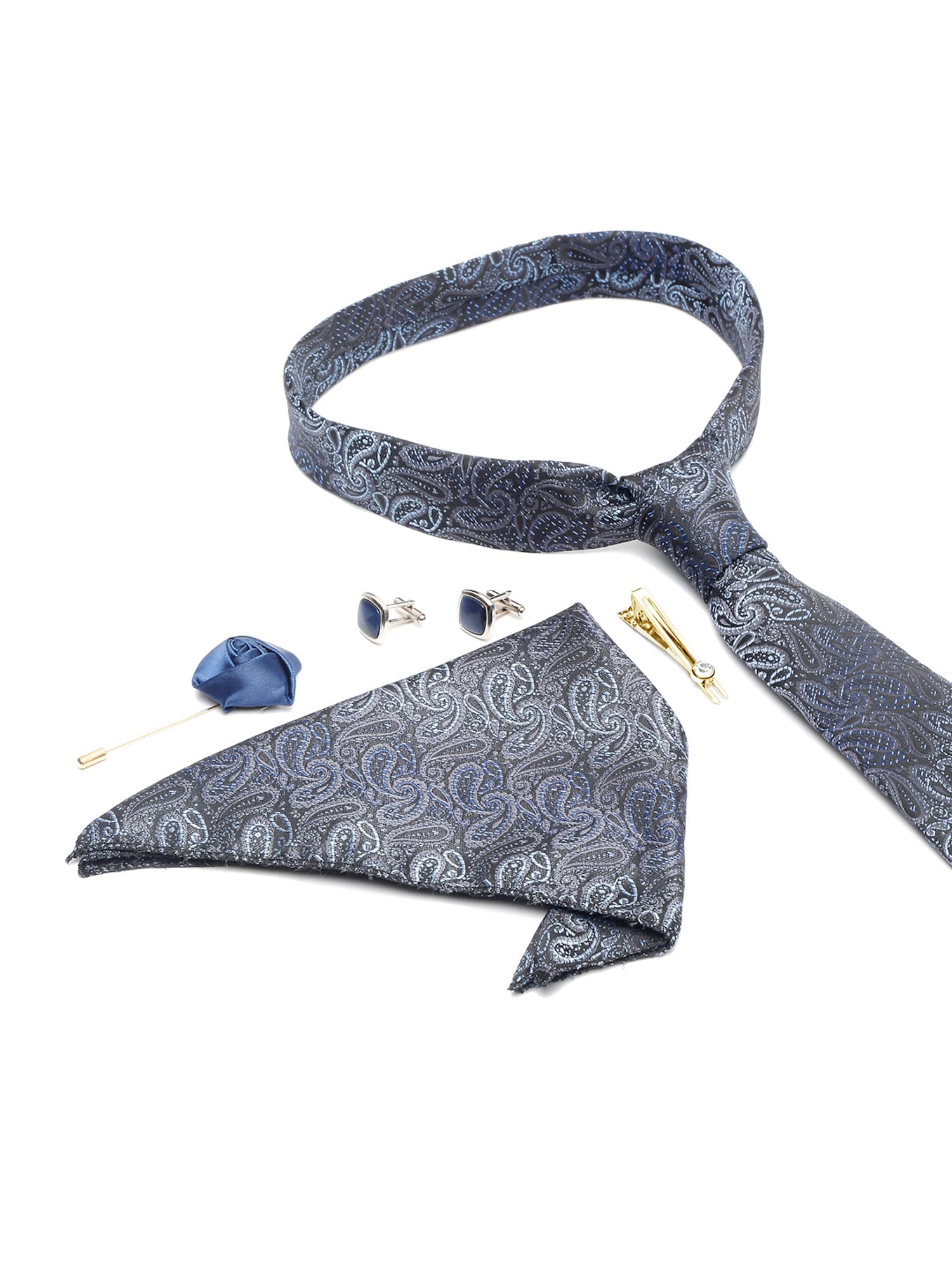 Spruce Blue Luxury Italian Silk Necktie Set With Pocket Square Cufflinks Brooch Gold Tie pin