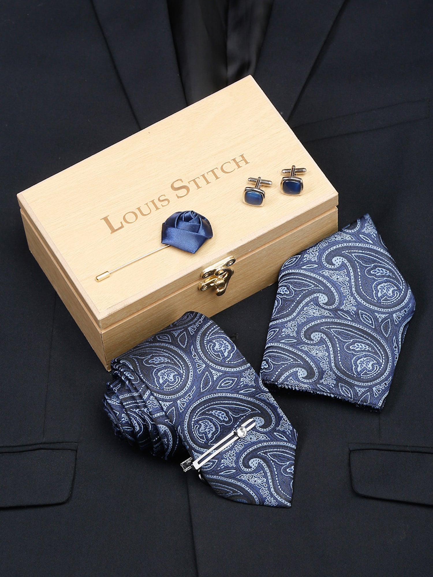 Yale Blue Luxury Italian Silk Necktie Set With Pocket Square Cufflinks Brooch Chrome Tie pin