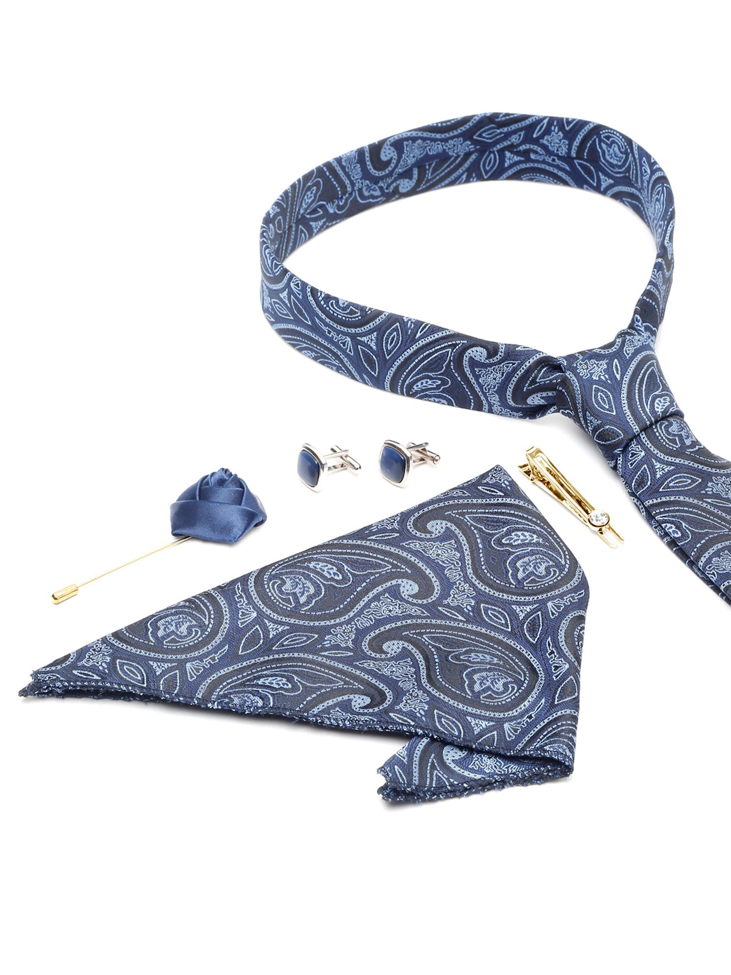 Yale Blue Luxury Italian Silk Necktie Set With Pocket Square Cufflinks Brooch Gold Tie pin