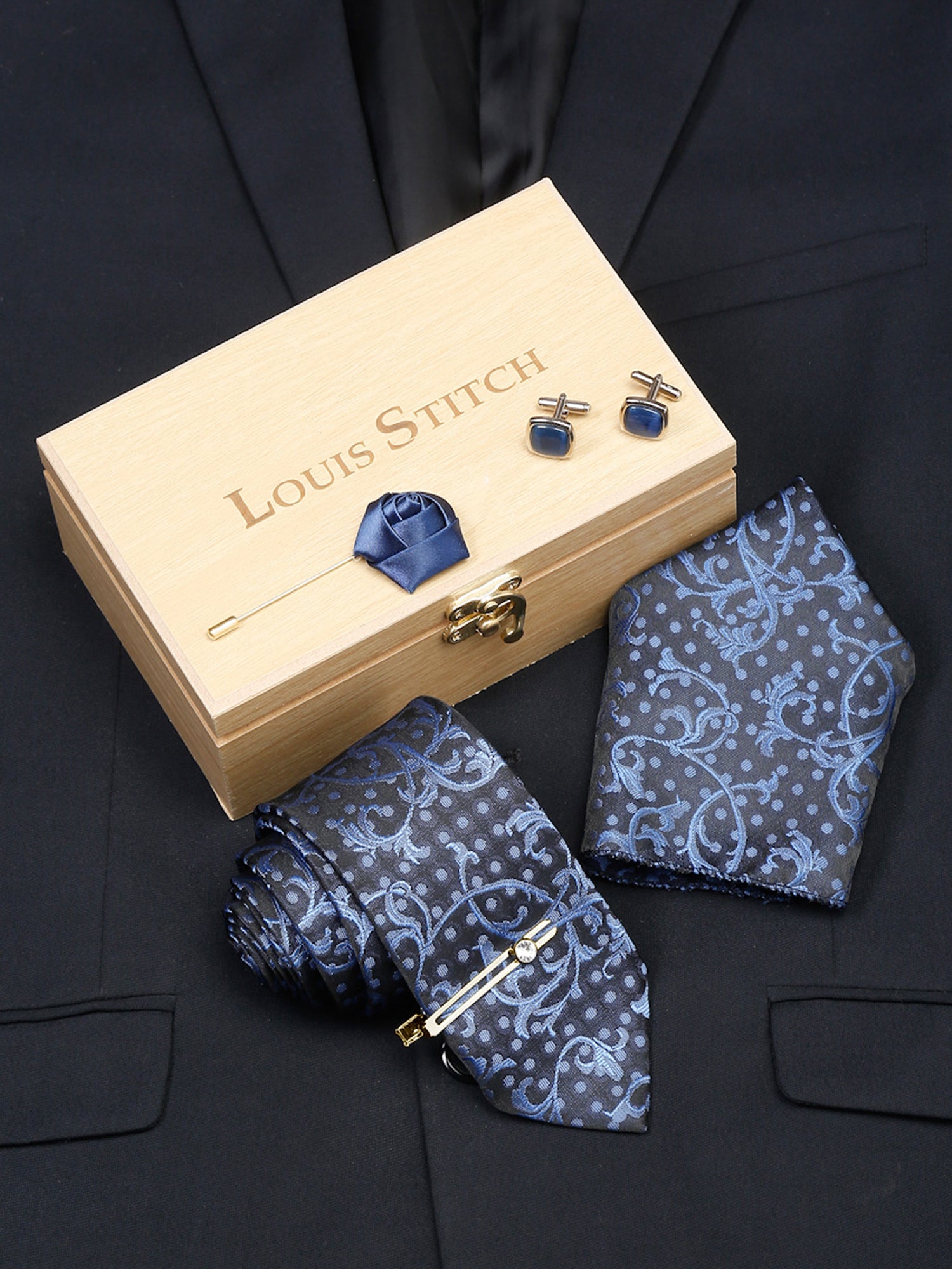 Prussian Blue Luxury Italian Silk Necktie Set With Pocket Square Cufflinks Brooch Gold Tie pin